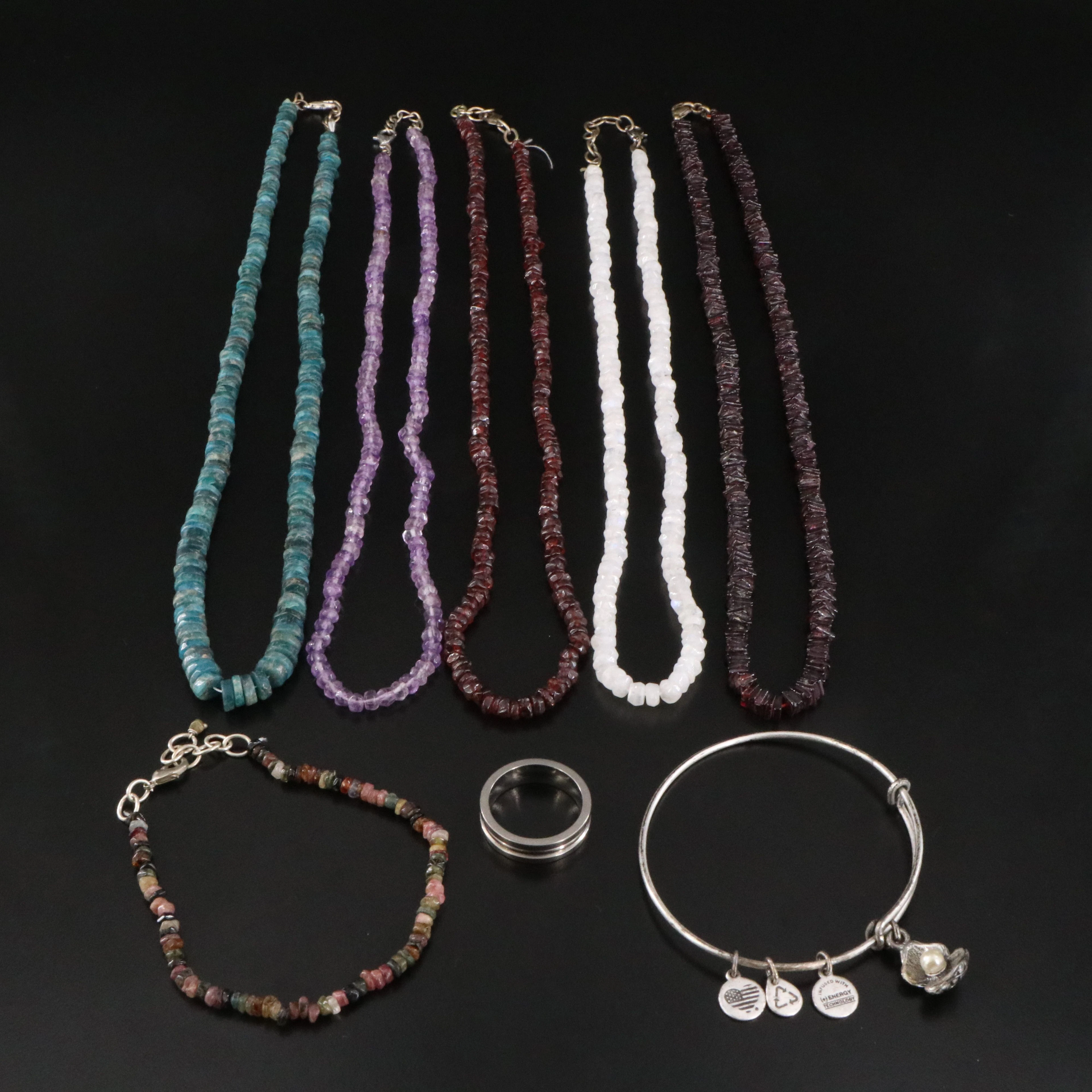 Rainbow Moonstone, amethyst and Garnet Featured in Jewelry
