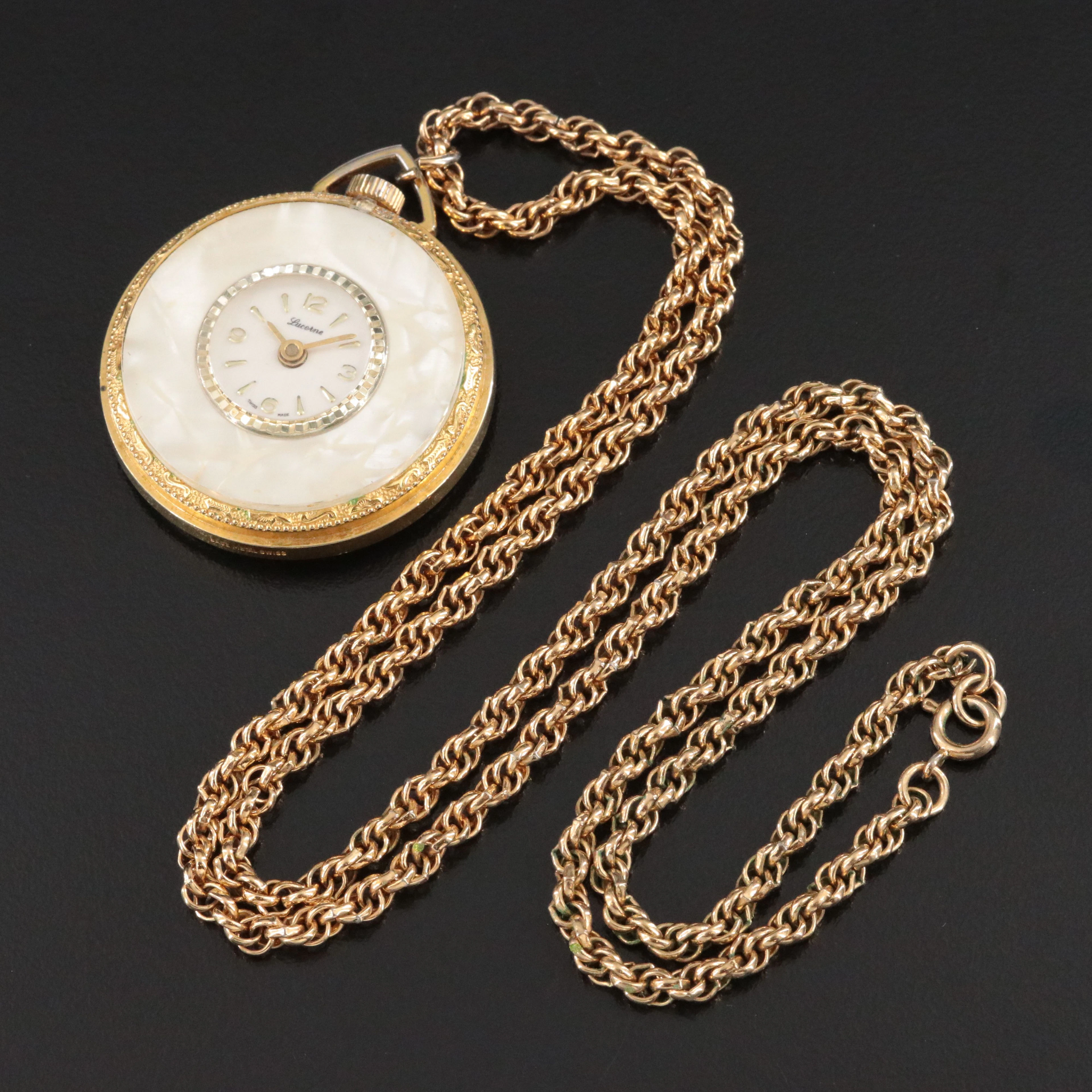 Lucerne Mother-of-Pearl Dial Gold-Tone Swiss Stem Wind Pendant Watch