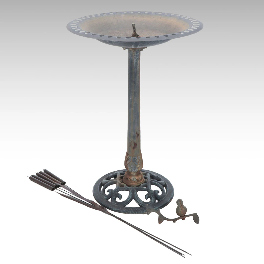 Cast Metal Bird Bath with Decorative Cattails