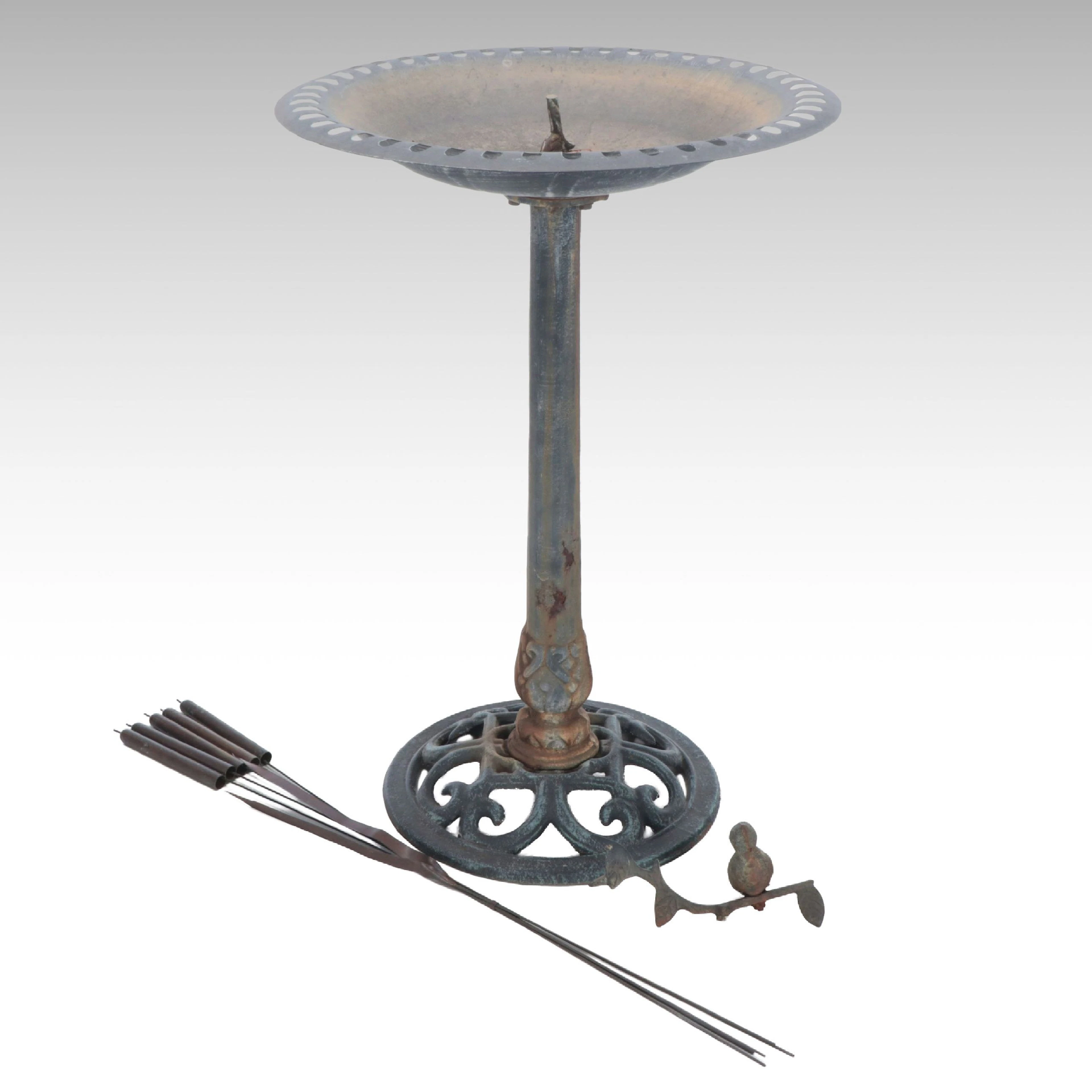 Cast Metal Bird Bath with Decorative Cattails