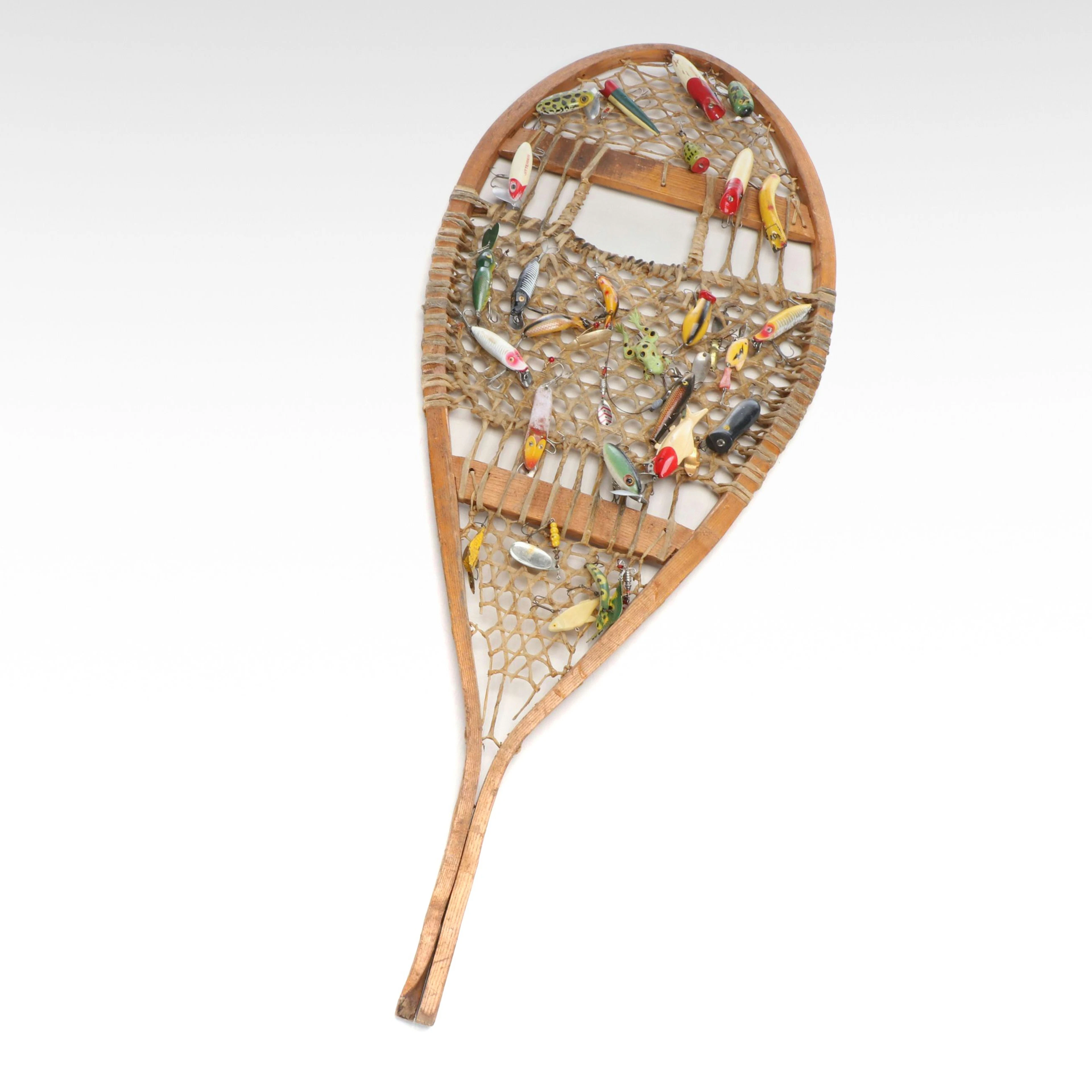Vintage Hide Wrapped Wood Snow Shoe with Fishing Lures