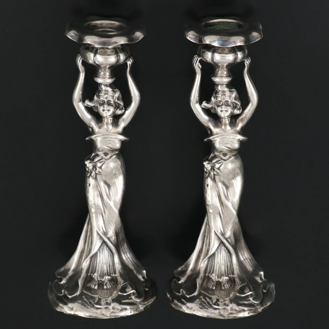 Art Nouveau Style Silver Tone Metal Figural Candlesticks
