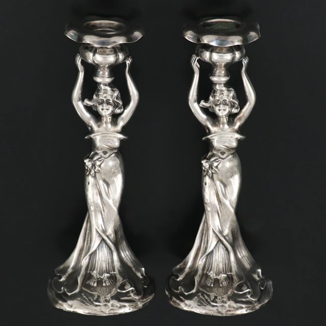 Art Nouveau Style Silver Tone Metal Figural Candlesticks