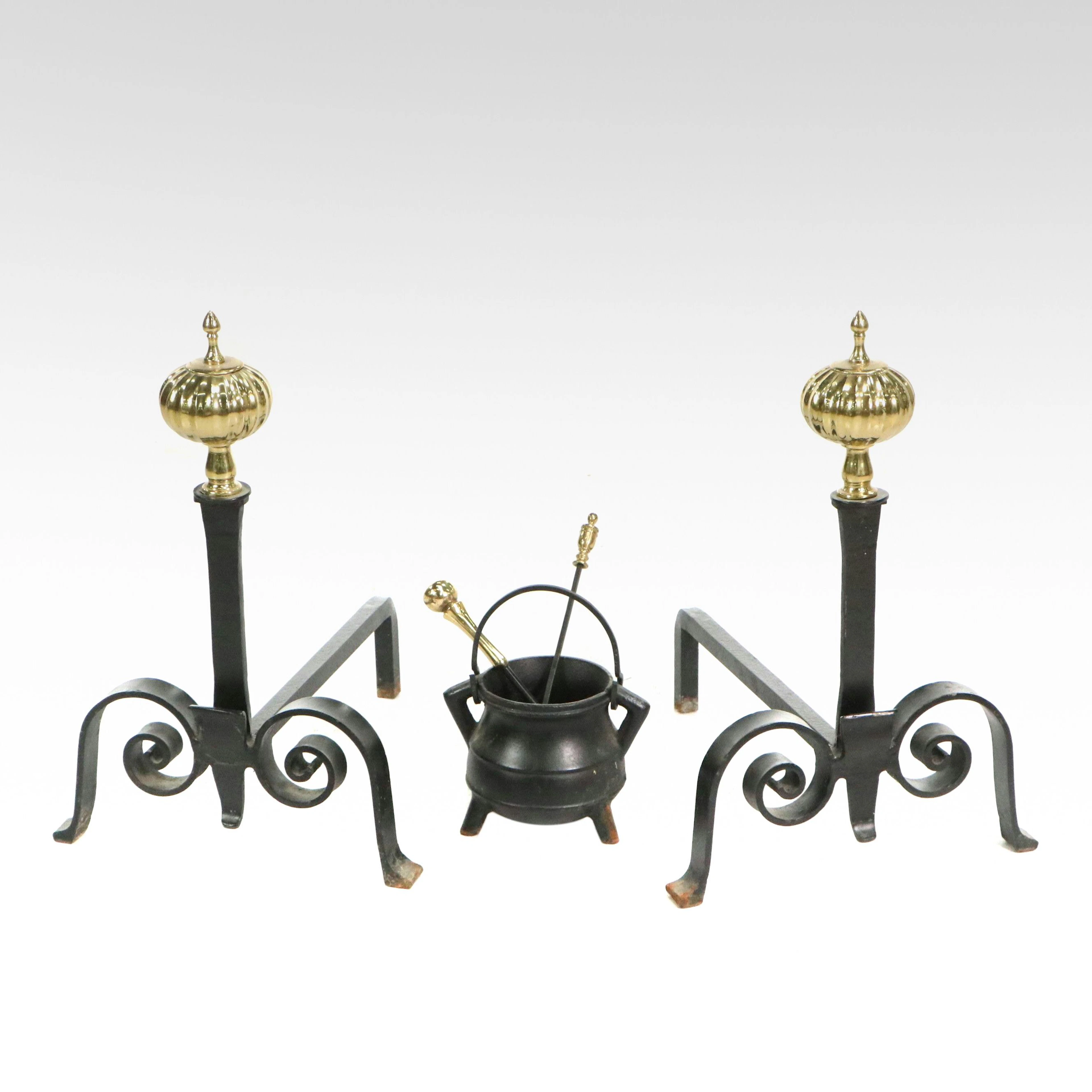 Empire Style Brass and Cast Iron Fire Dogs with Smudge Pot