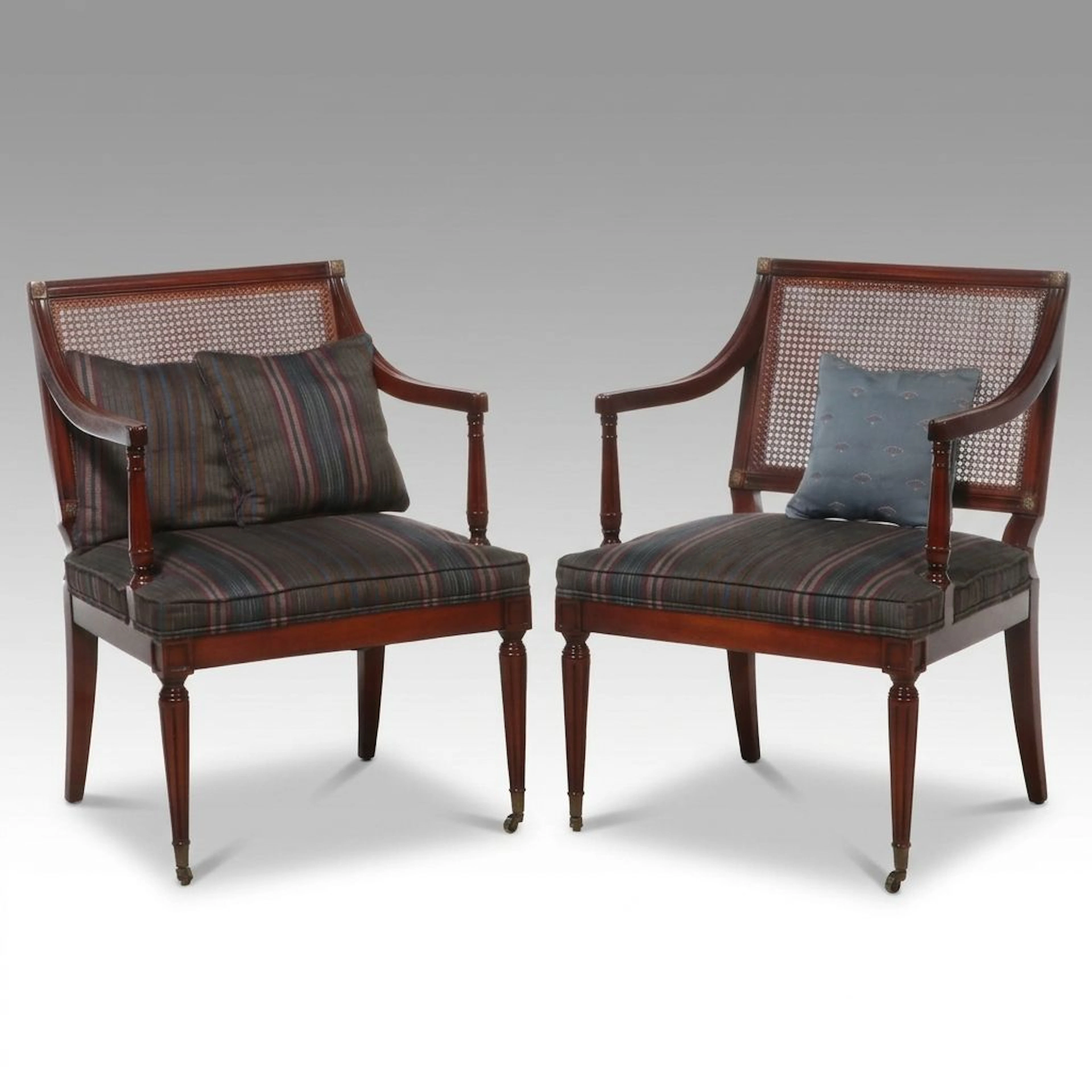 Pair of Hickory Louis XVI Style Caned Wood Fauteuils, Mid-20th Century