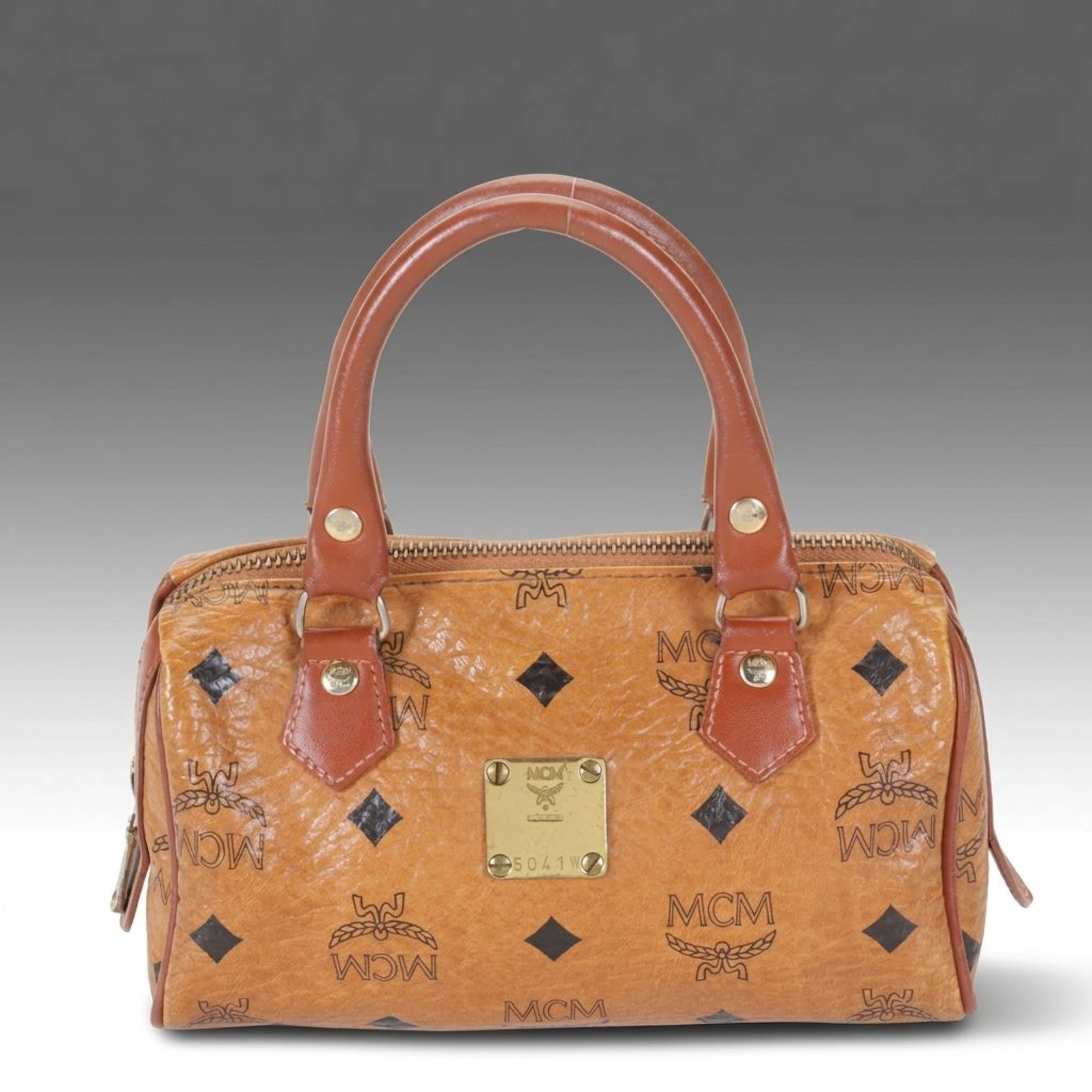 MCM Mini Boston Bag in Cognac Visetos Canvas and Leather