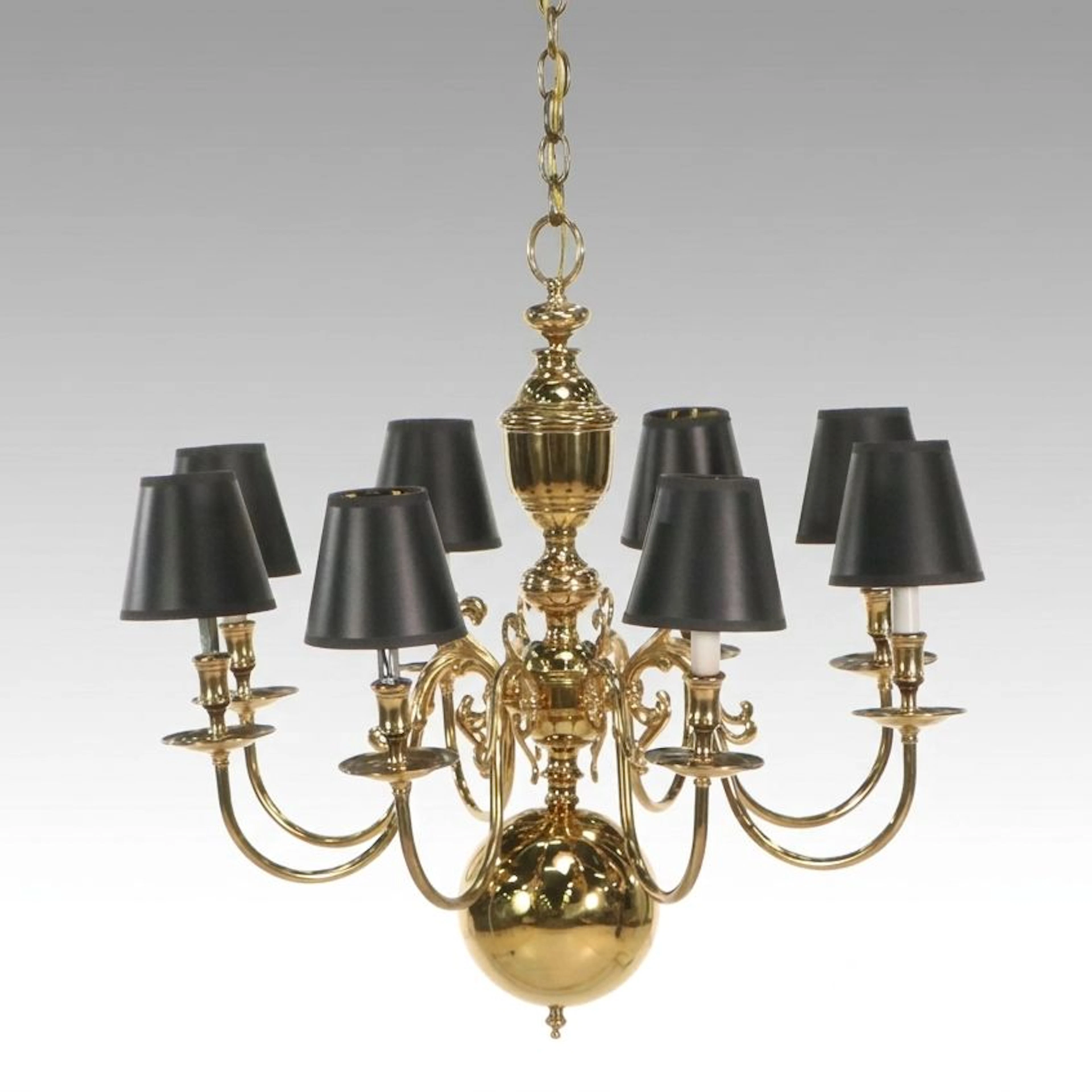 Dutch Baroque Polished Brass Eight-Arm Chandelier with Black Clip-On Shades