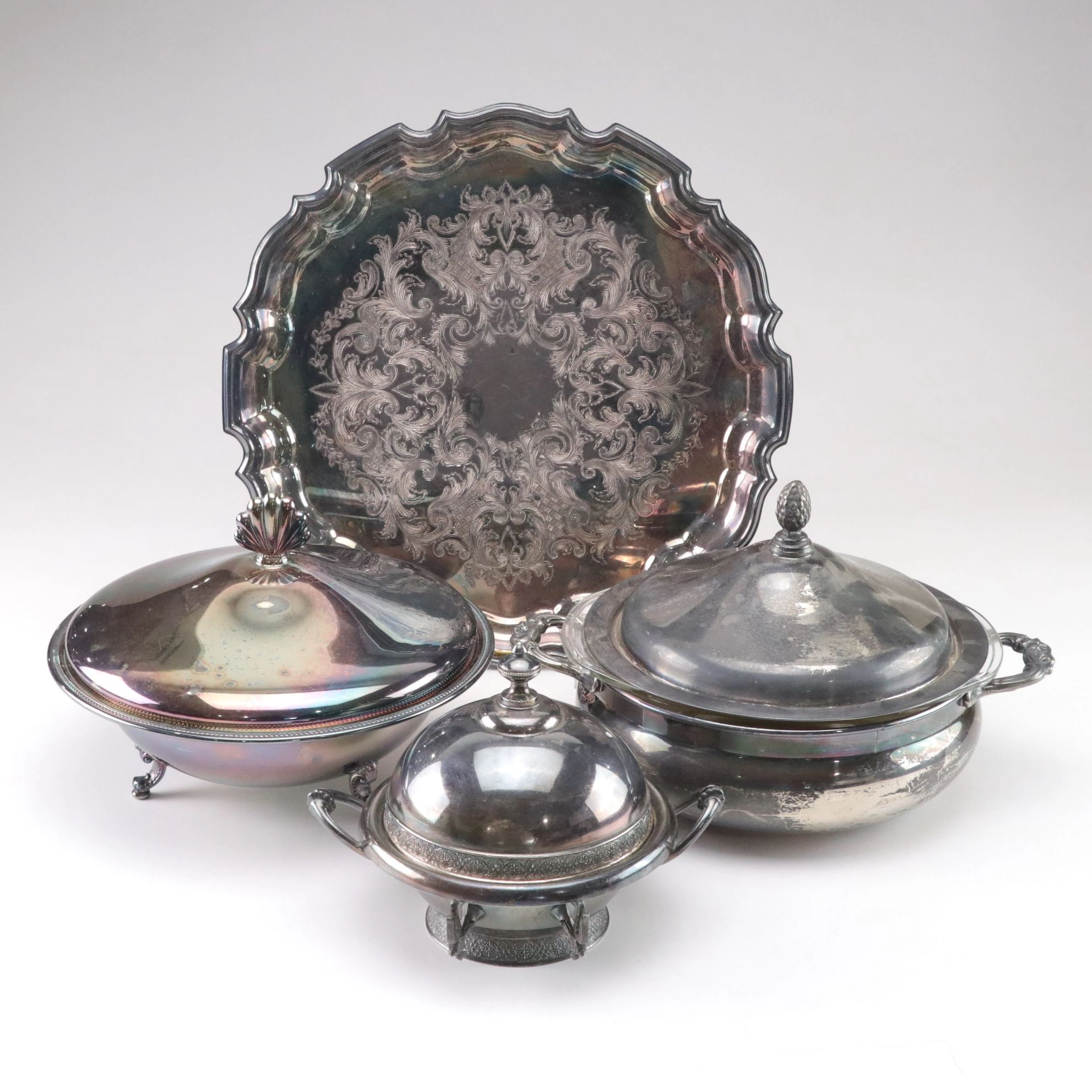 Towle Silver Plate Serving Tray with Oneida, Wilcox and More Lidded Serveware
