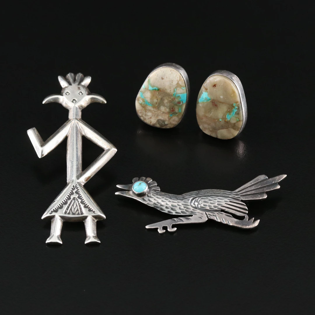 900 Silver Yei Brooch with Sterling Turquoise Roadrunner and Turquoise Earrings