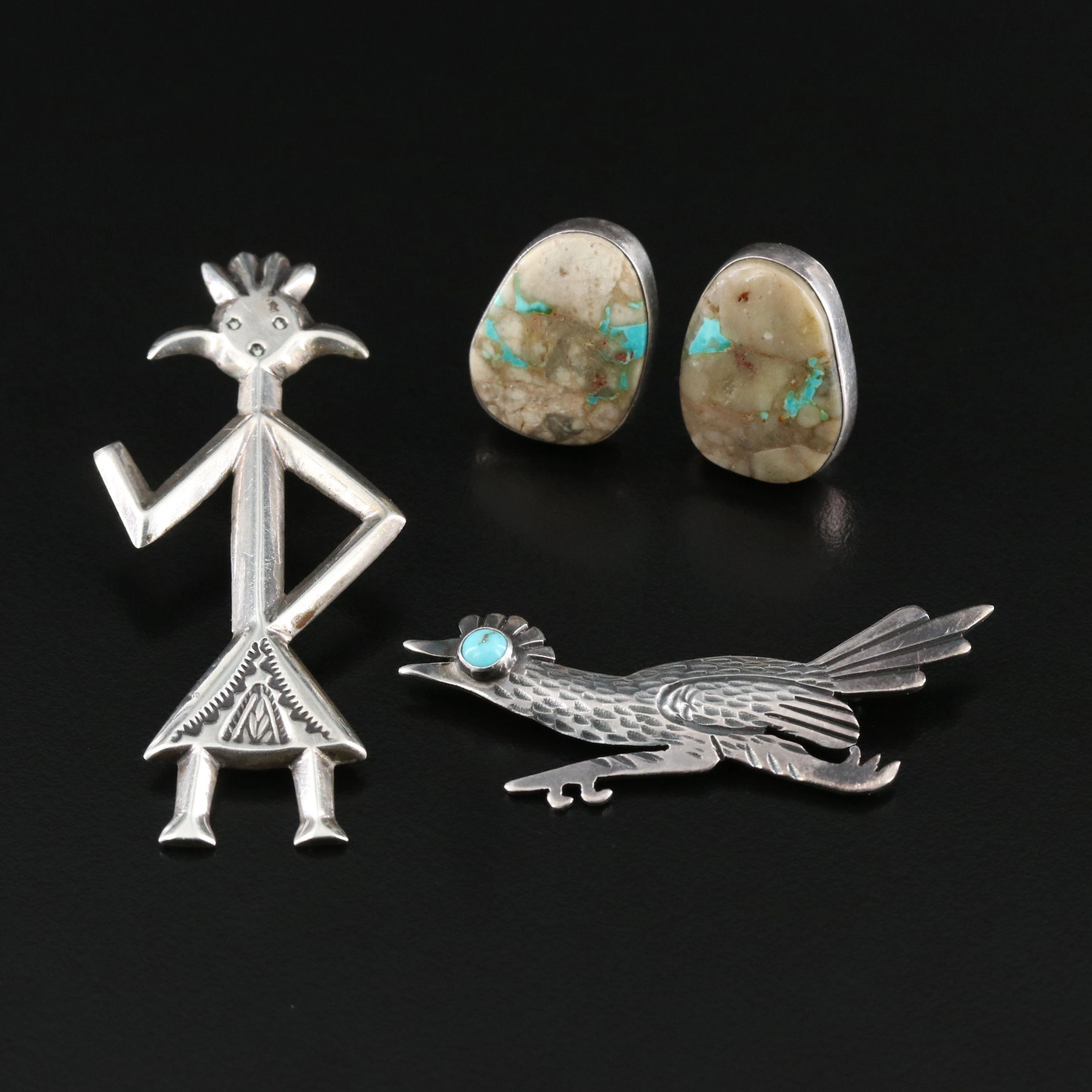 900 Silver Yei Brooch with Sterling Turquoise Roadrunner and Turquoise Earrings