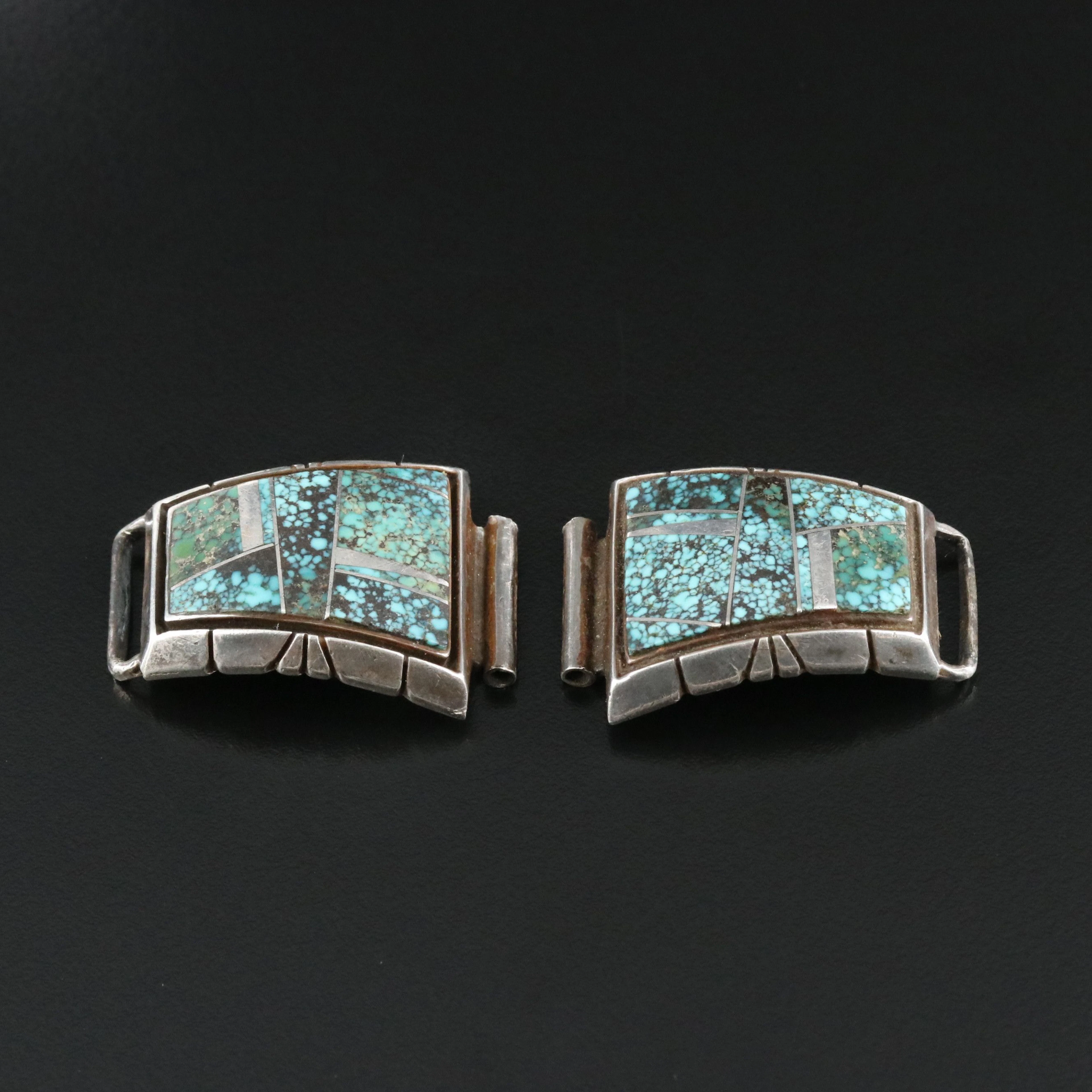 Western Style Sterling and Turquoise Inlay Watch Band Tips