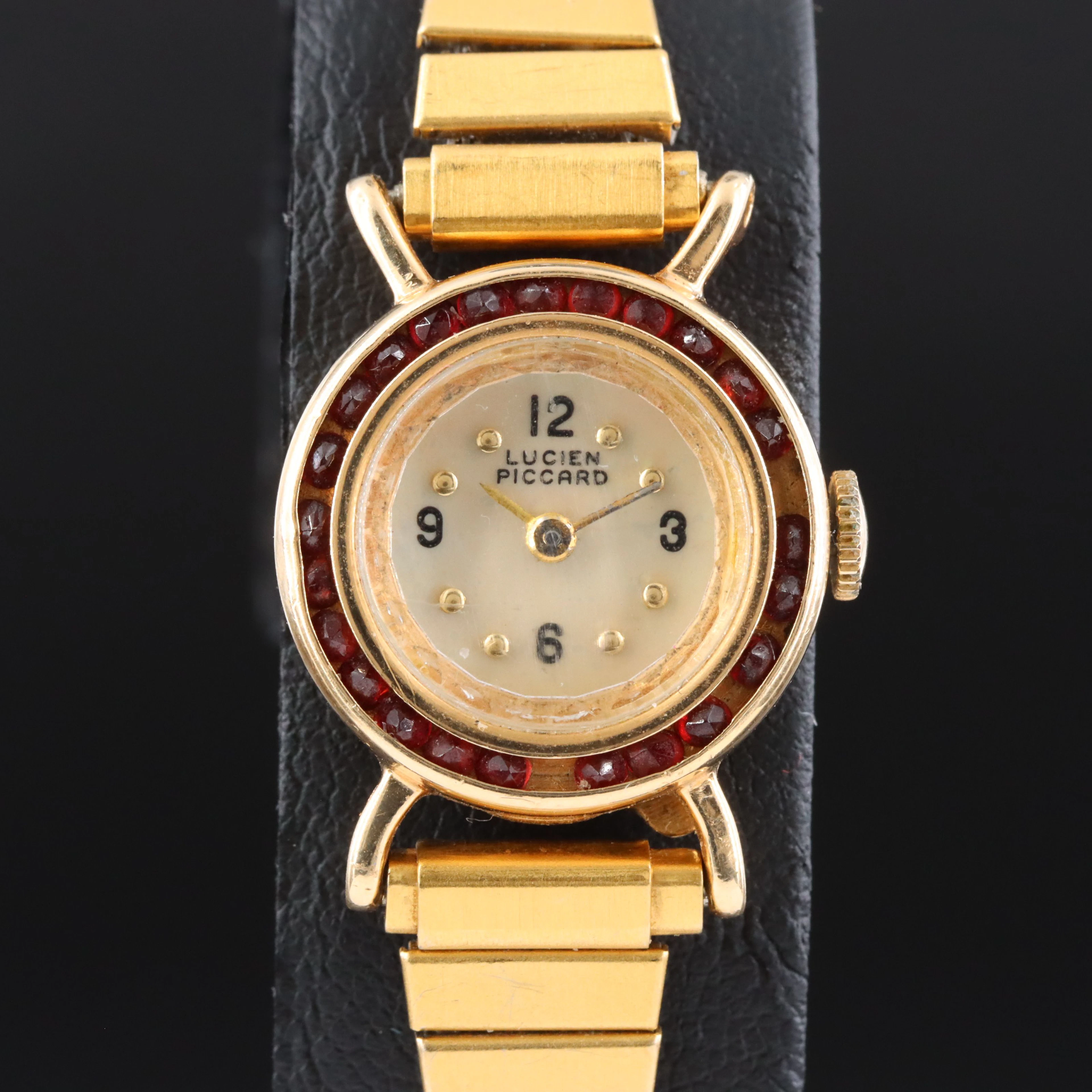 Vintage 14K Lucien Piccard Garnet Bezel Stem Wind Dress Watch