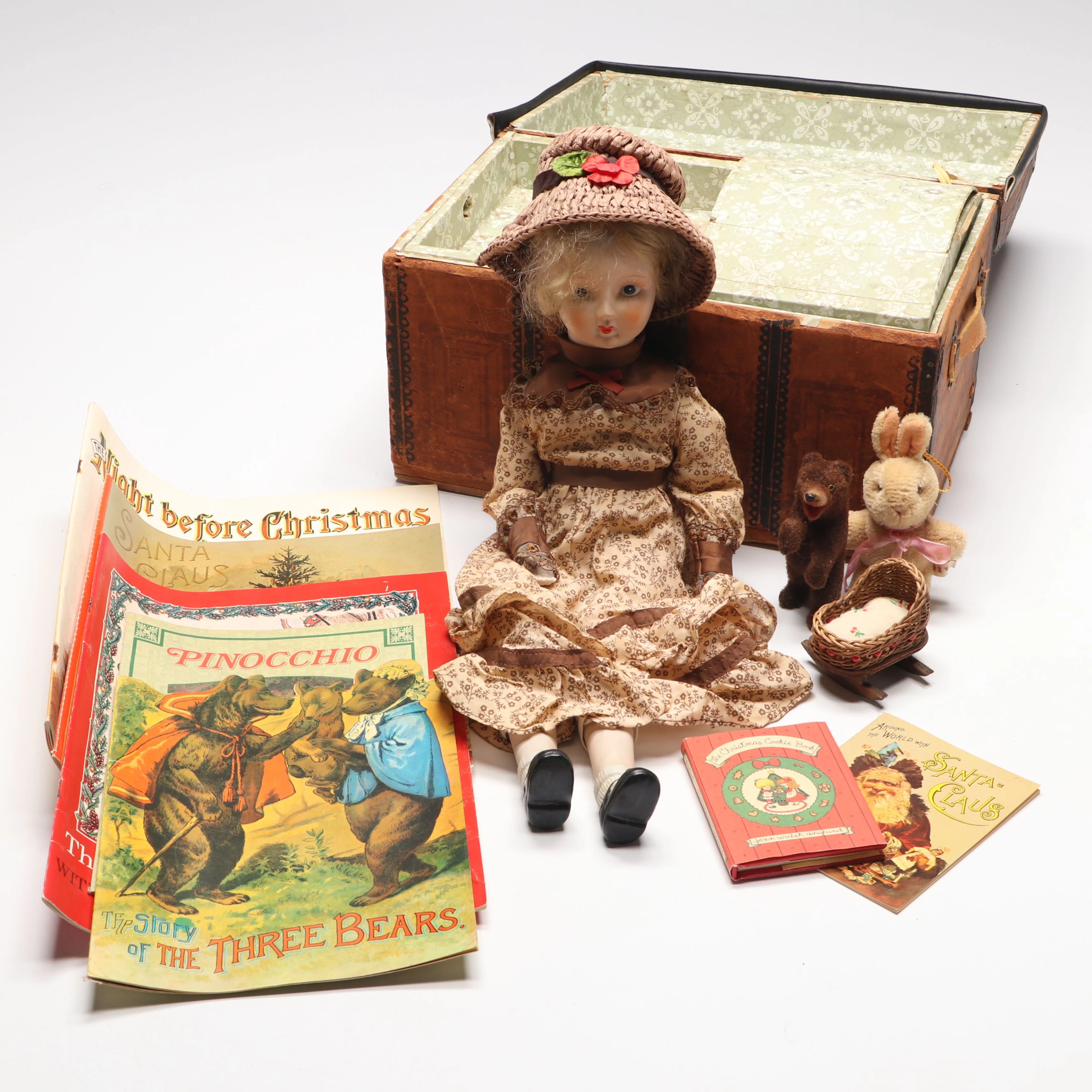 Vintage Porcelain Doll with Leather Bound Box and Other Accessories