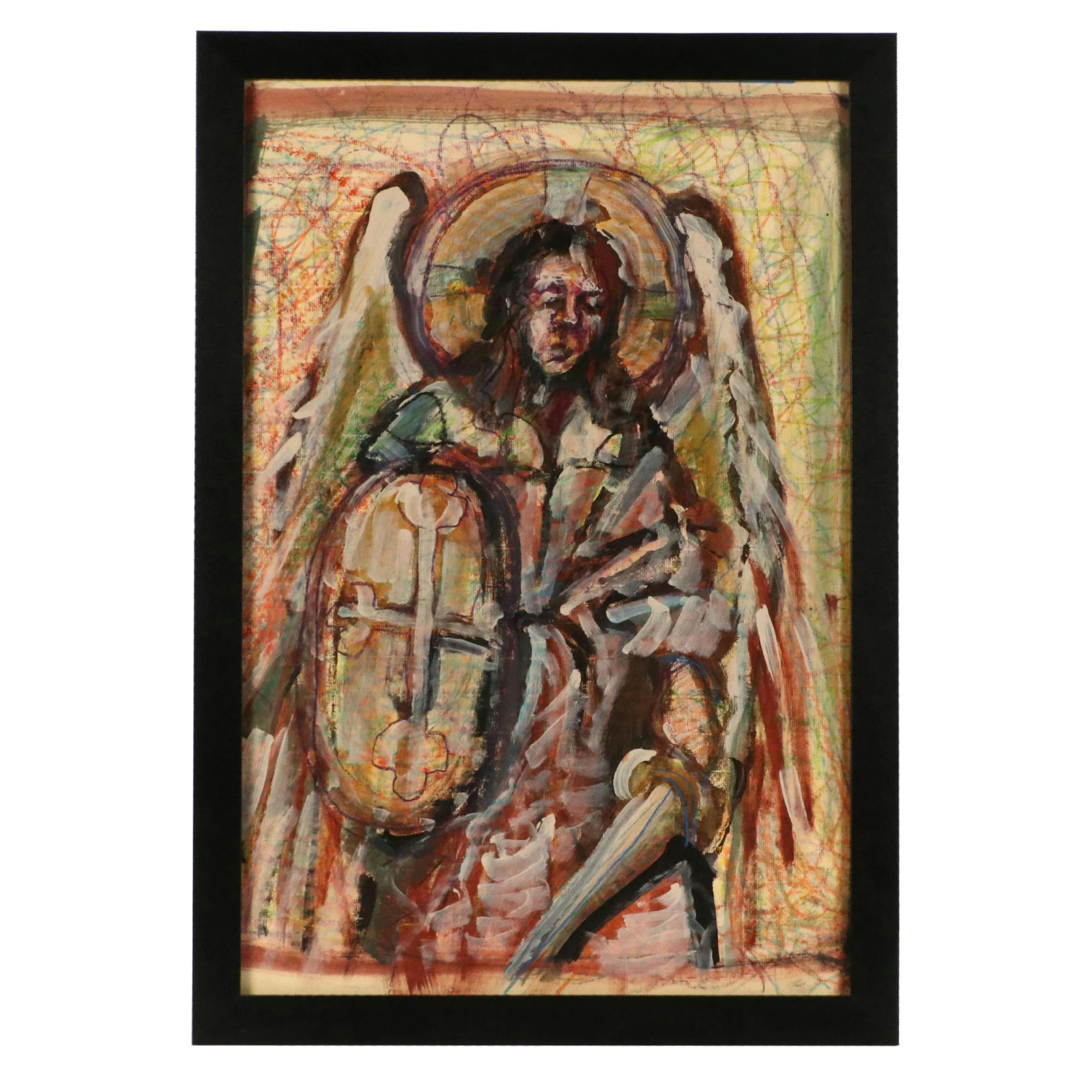 Jim Andrews Mixed Media Painting of Archangel Michael, Late 20th Century
