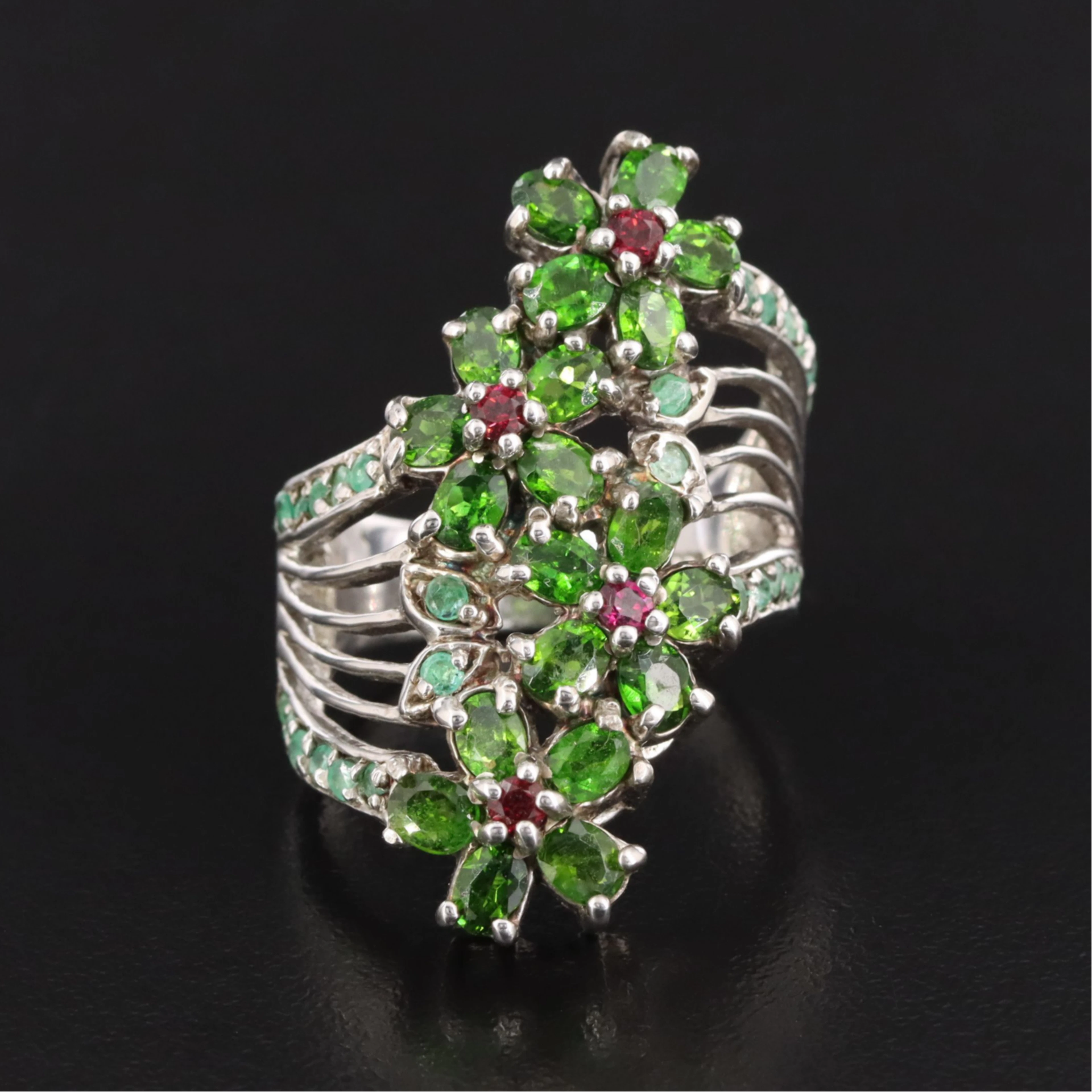 Sterling Chrome Diopside, Garnet and Emerald Flower Ring