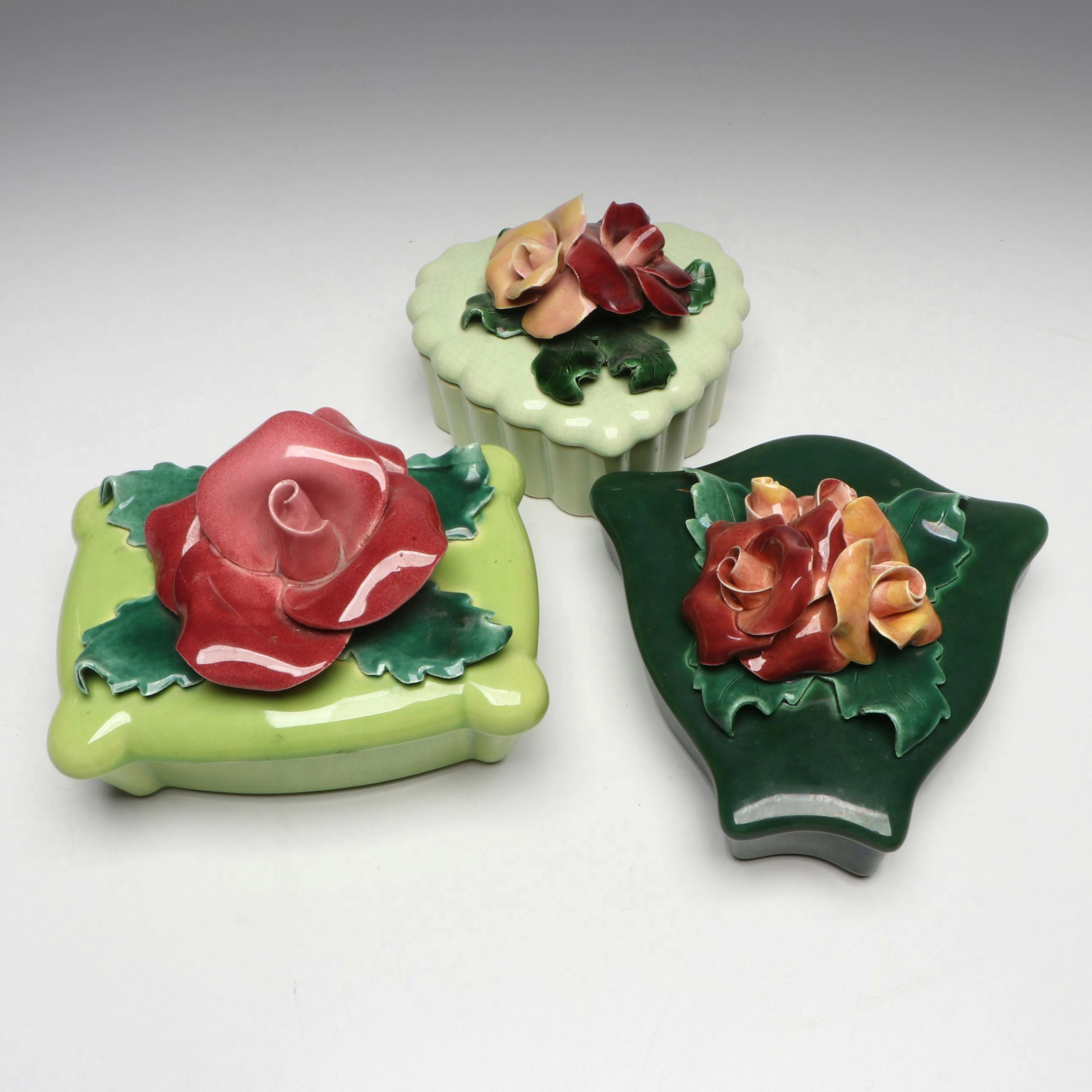 Johannes Brahms Porcelain Flower Lid Vanity Boxes and Wall Pocket, Vintage
