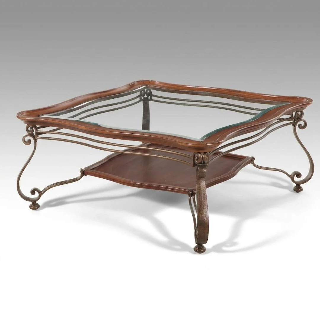 Mediterranean Style Metal Framed Wood and Inset Glass Coffee Table