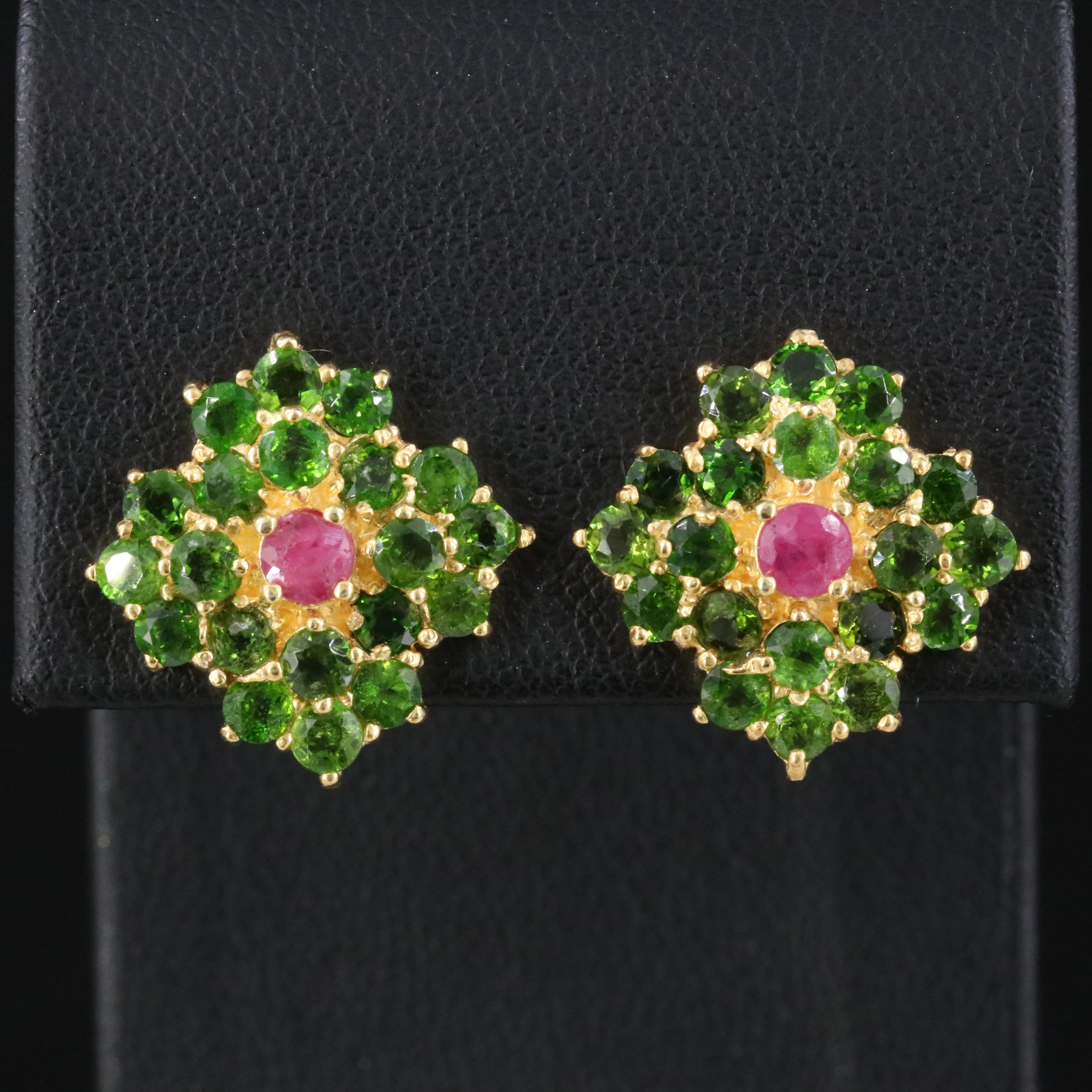 Sterling Chrome Diopside and Ruby Flower Earrings