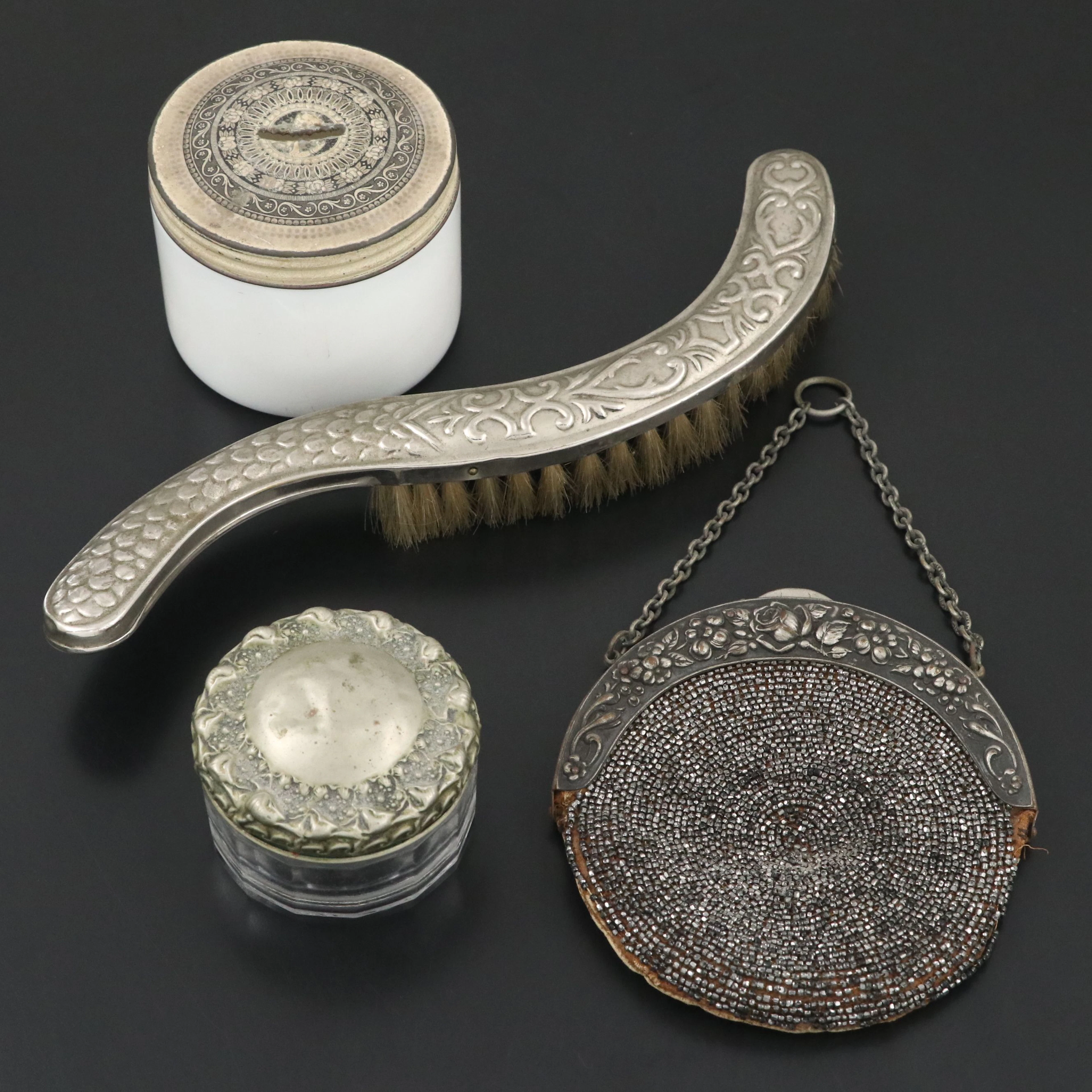 Victorian Beaded Leather Chatelaine Purse with Home Accessories, Antique