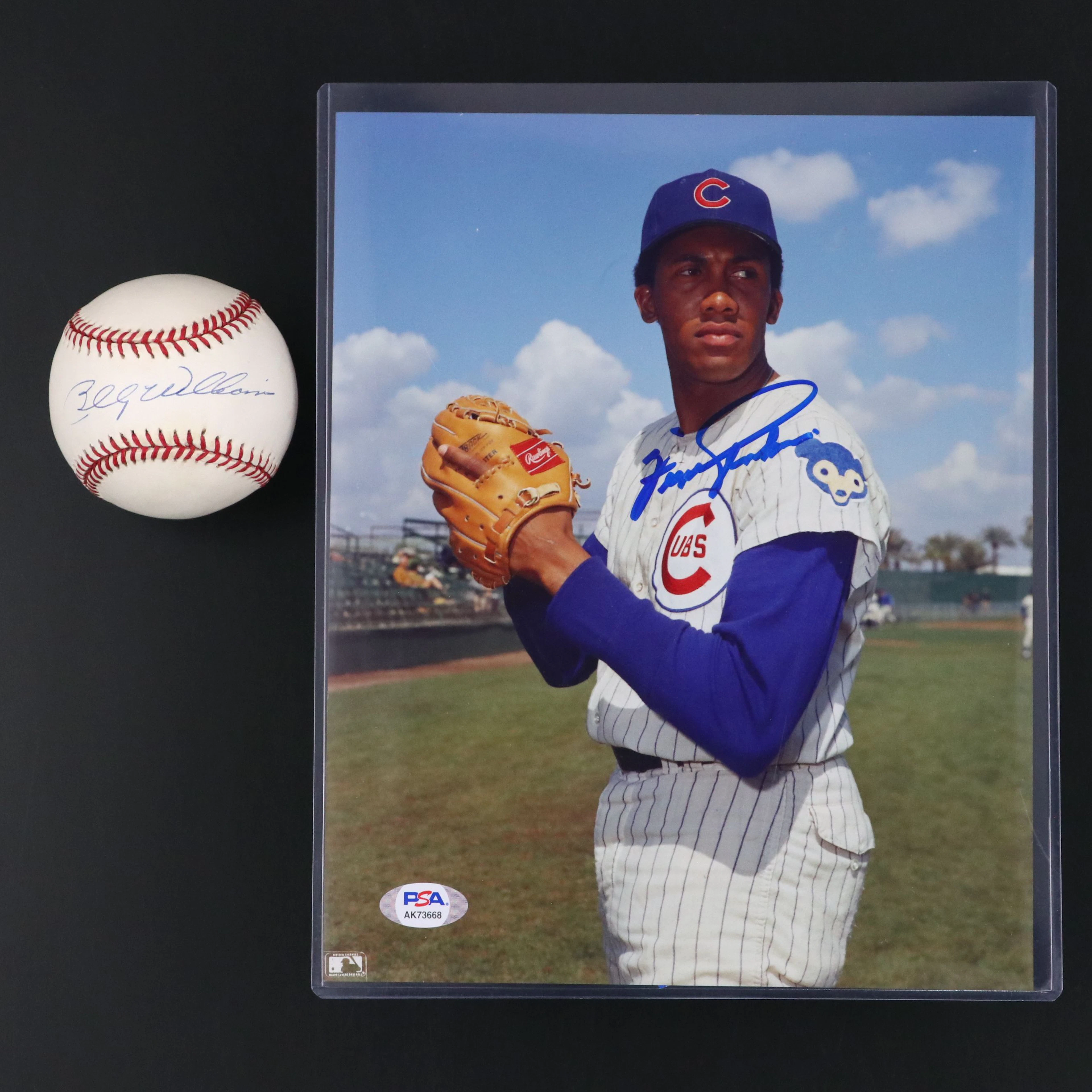 Billy Williams Signed Baseball with Fergie Jenkins Signed Chicago Cubs Print