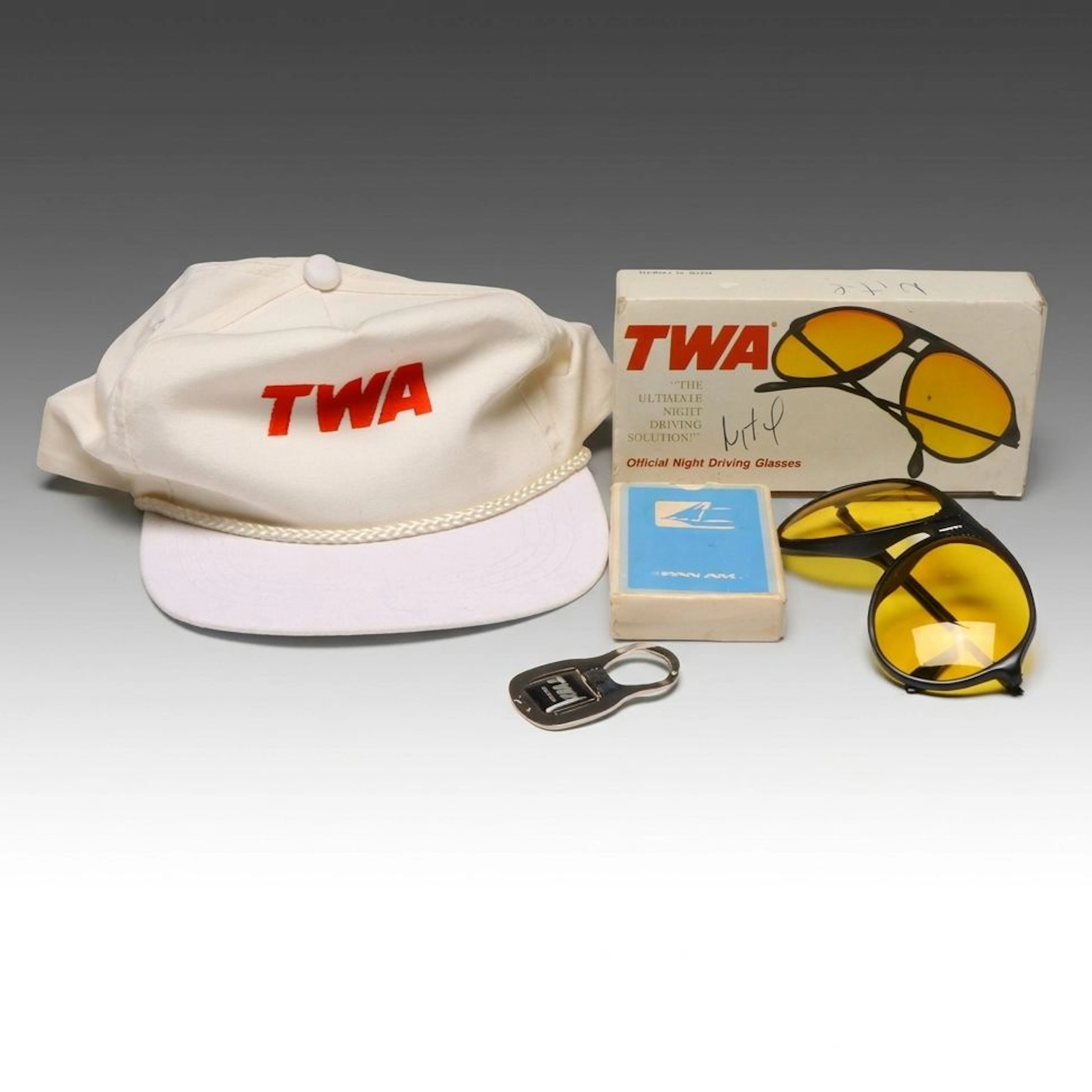 TWA Night Driving Aviator Glasses & Other Accessories with Pan Am Playing Cards