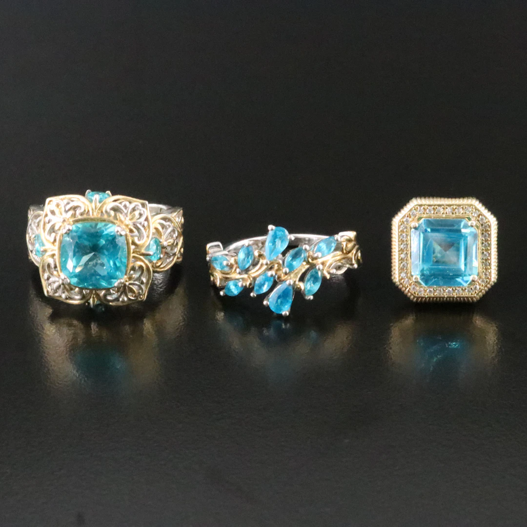 Sterling Blue Topaz and CZ Floral Rings and Pendant