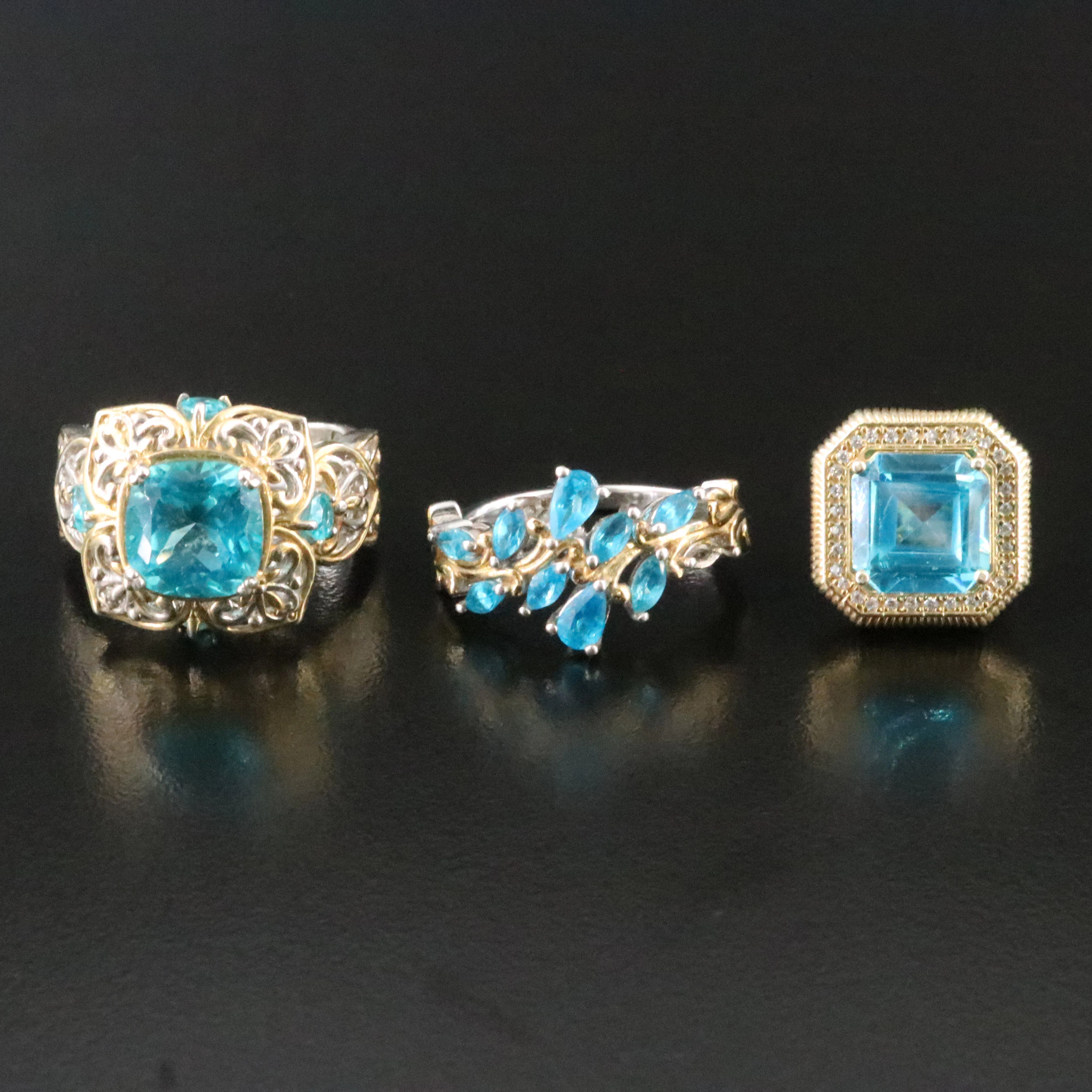Sterling Blue Topaz and CZ Floral Rings and Pendant