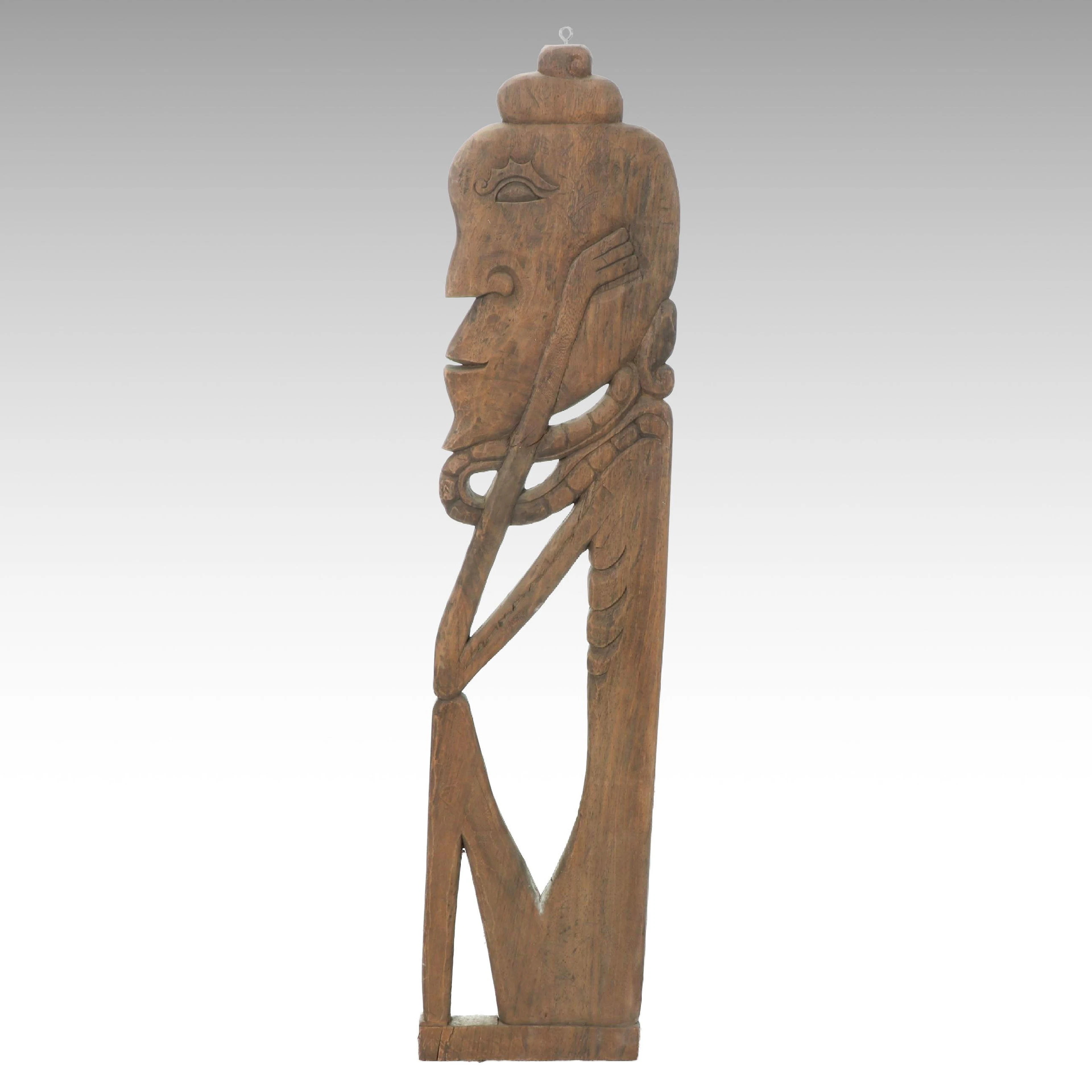 Papua New Guinea Asmat People Hand-Carved Wood Figure Wall Sculpture