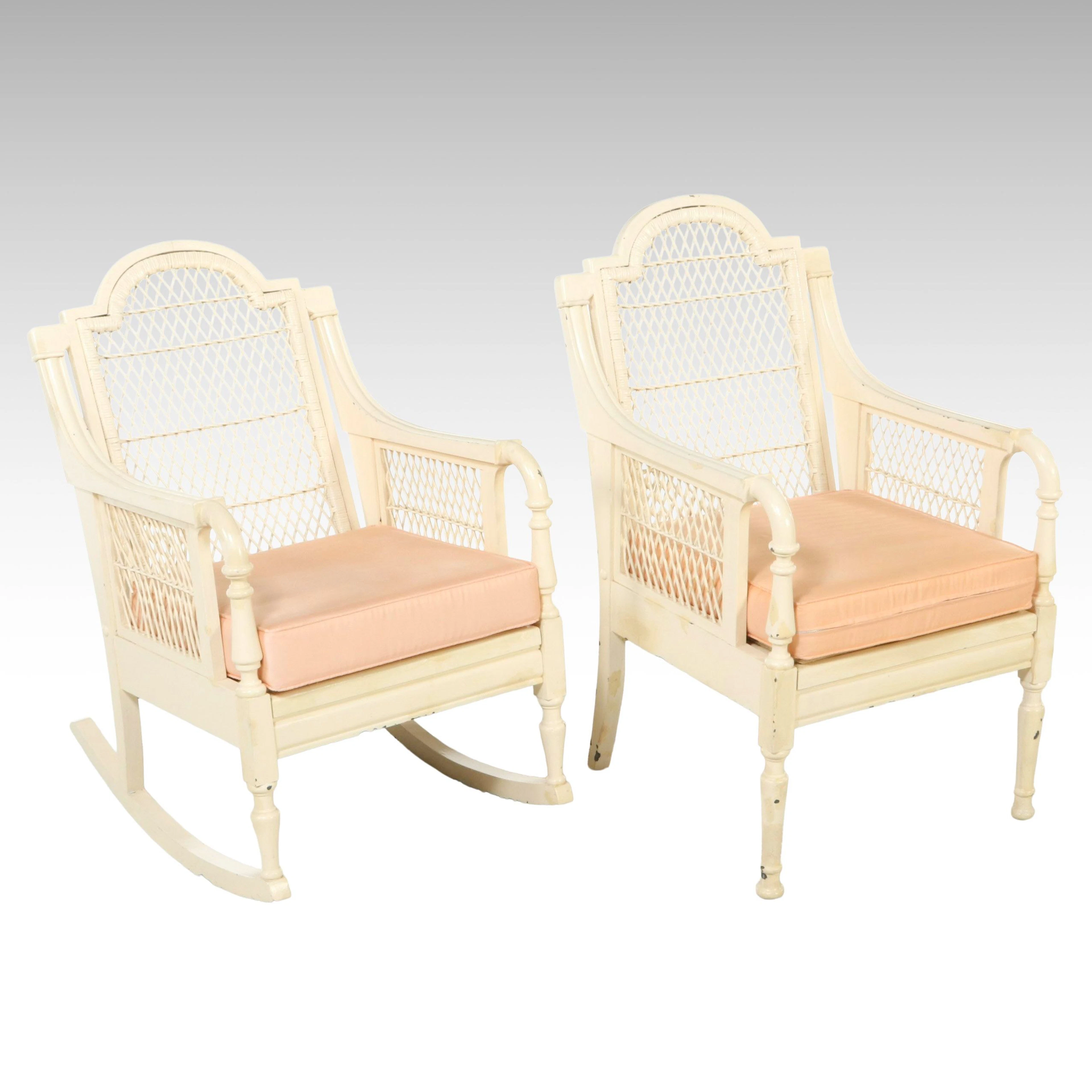 Cream Painted Wood and Wicker Rattan Rocking Chair and Armchair, Late 20th C.