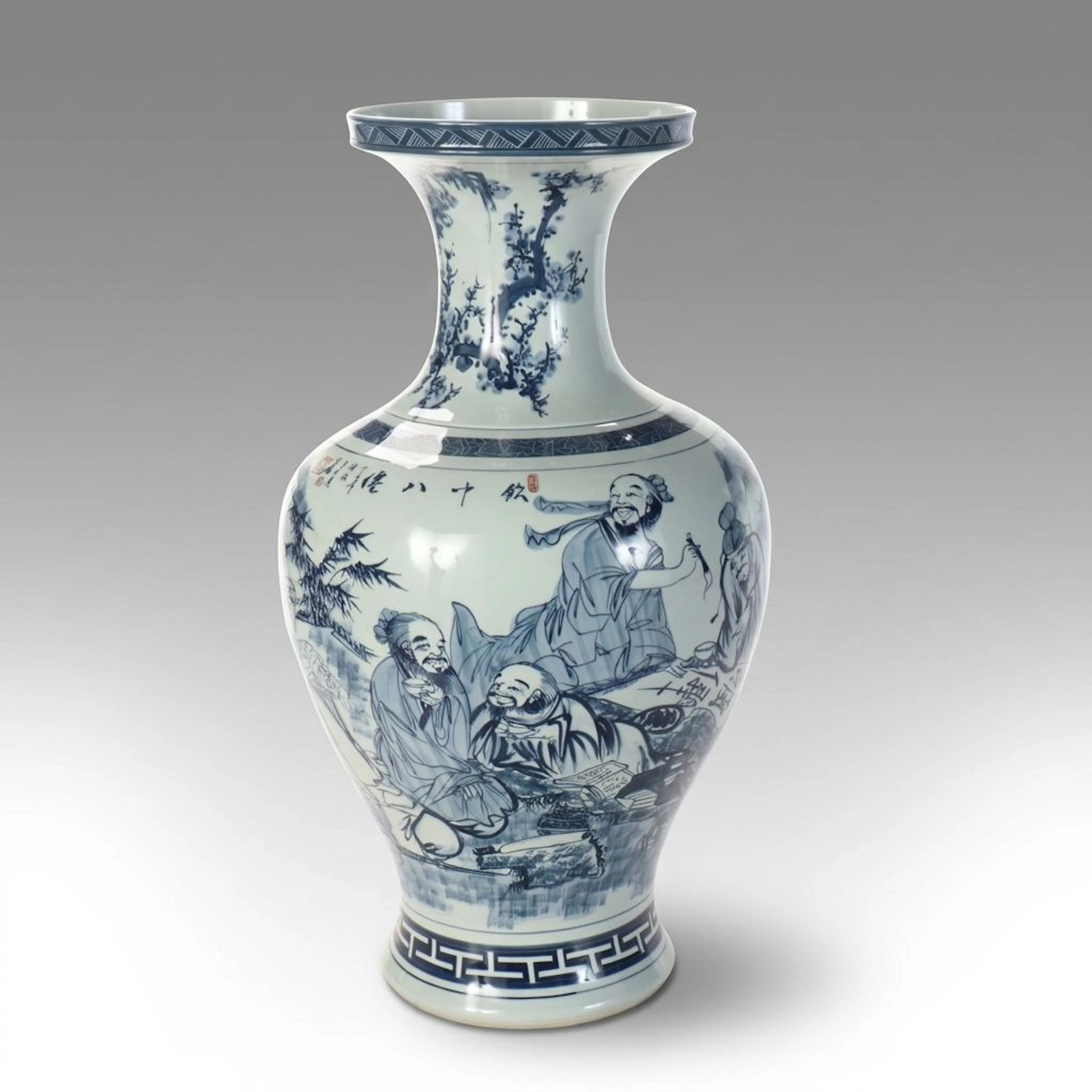 Chinese Blue and White "Eight Immortals of the Wine Cup" Porcelain Floor Vase