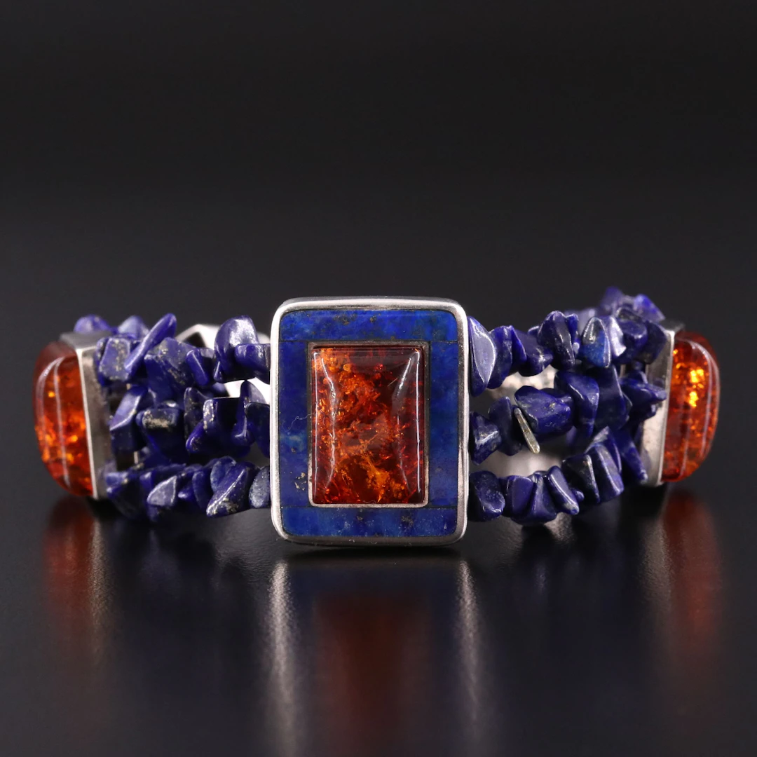 Desert Rose Trading Sterling Amber and Lapis Bracelet