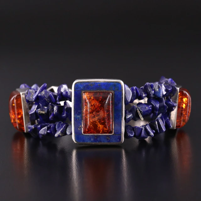 Desert Rose Trading Sterling Amber and Lapis Bracelet