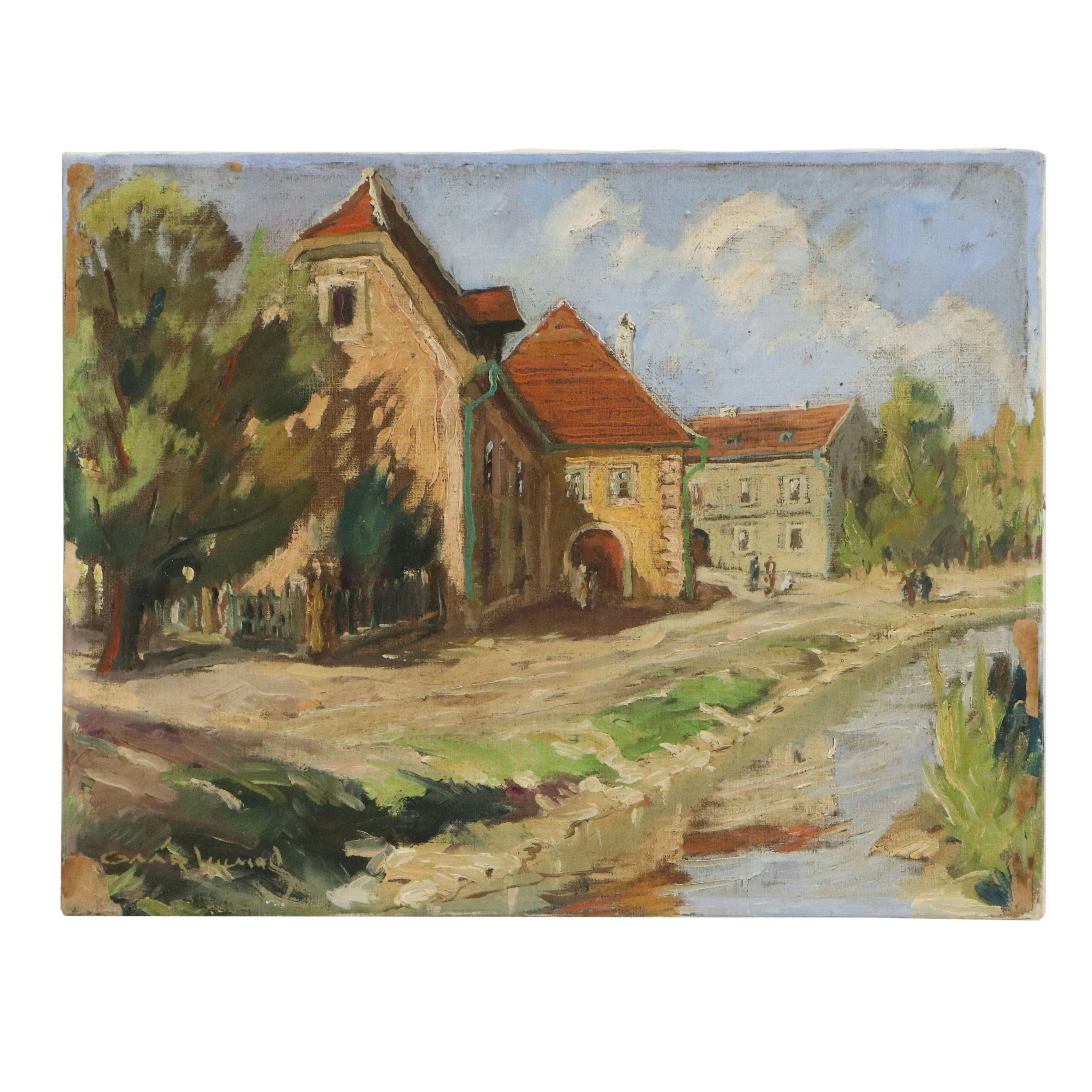 Vilmos Gaár Impressionistic Oil Painting of Streamside Village, Mid-20th