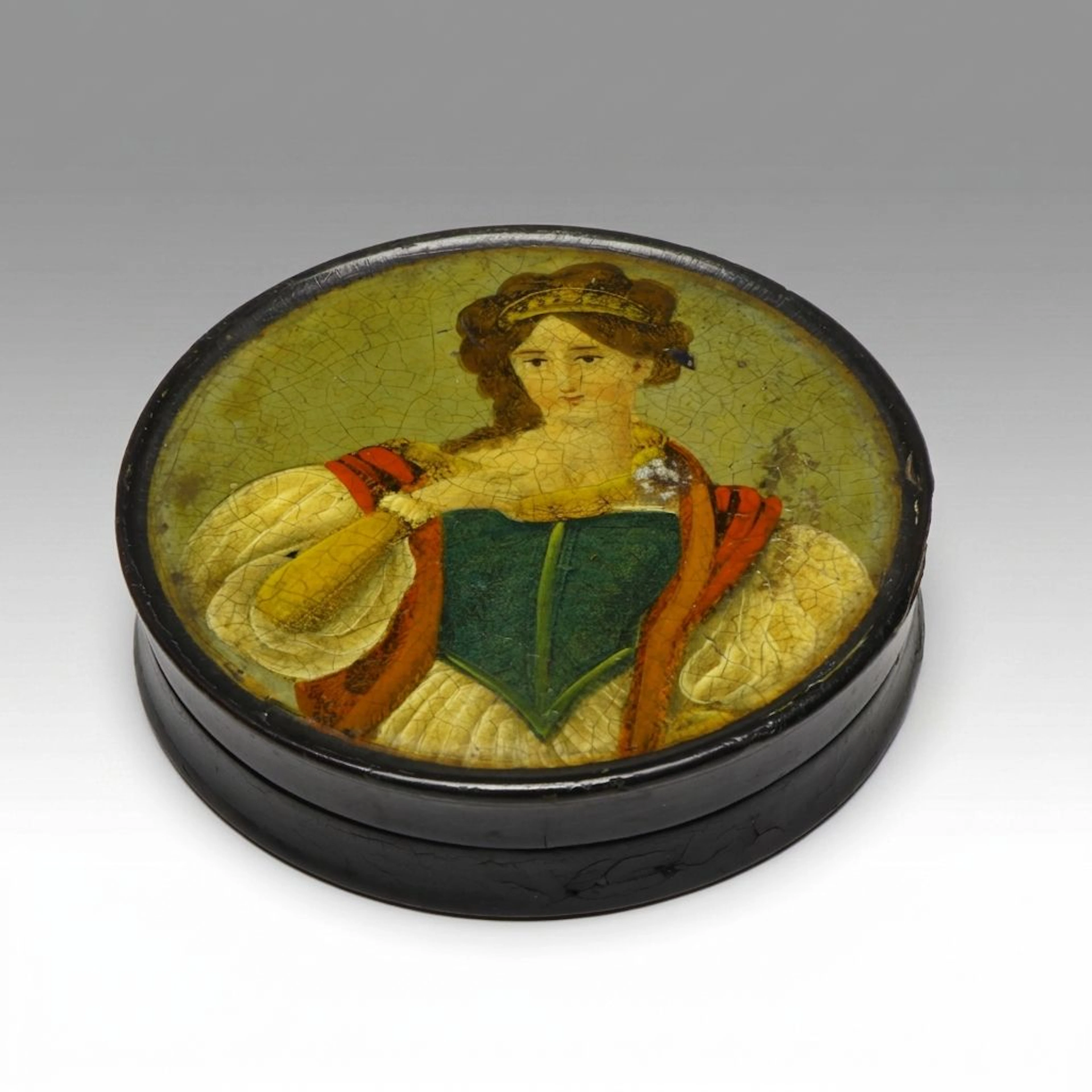 European Regency Era Portrait of Woman Lacquered Snuff Box, Antique