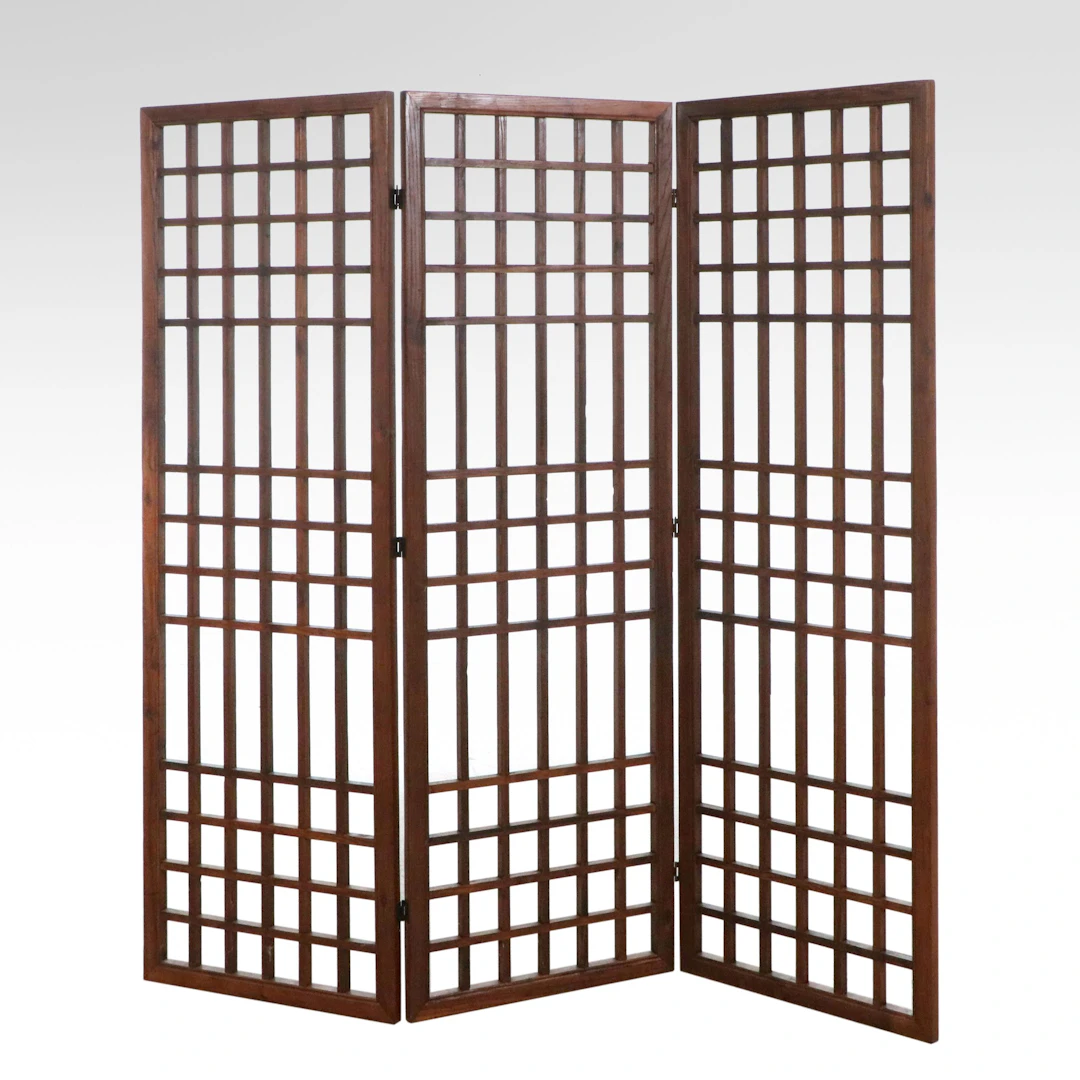 Asian-Style Three-Panel Wood Lattice Folding Room Divider, 21st Century
