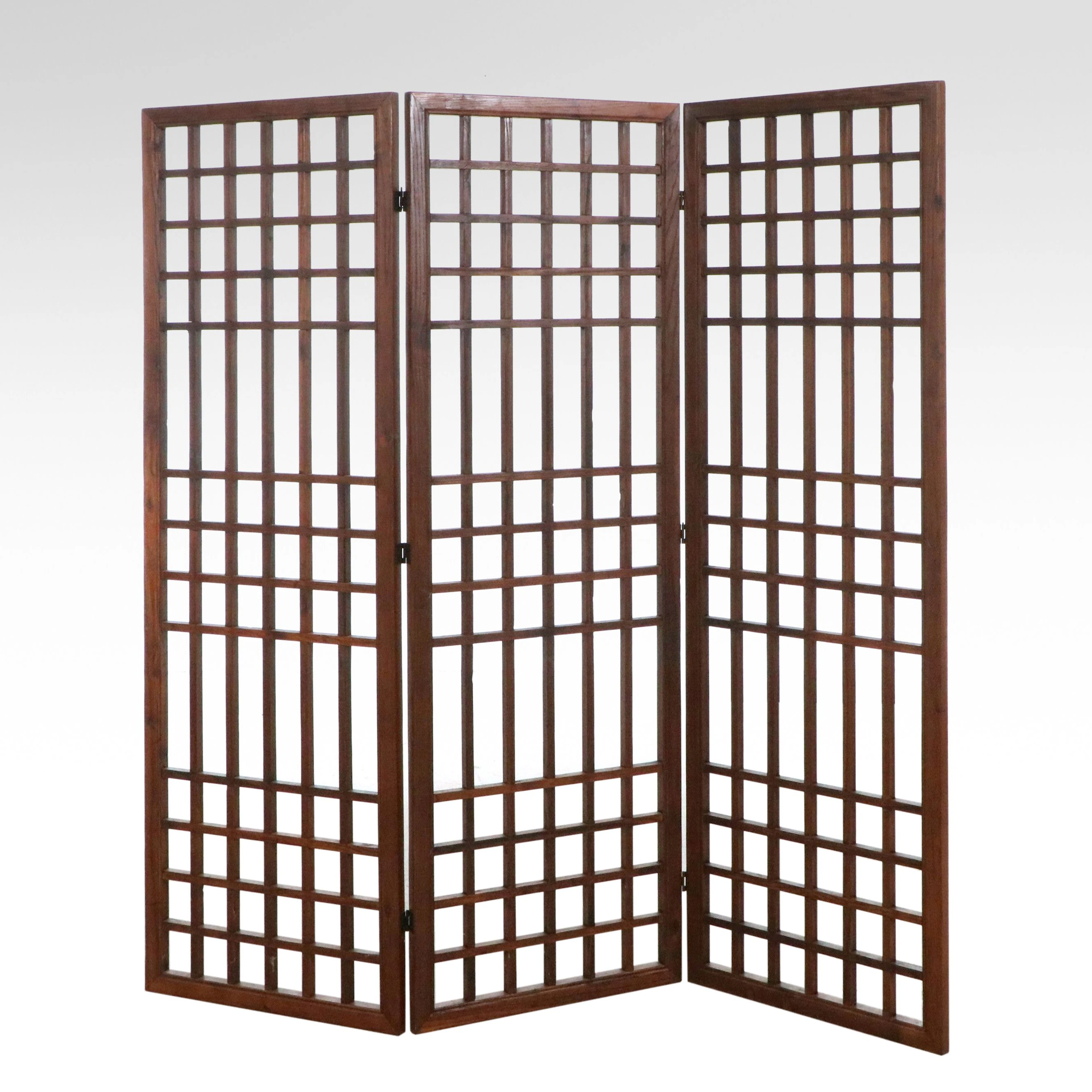 Asian-Style Three-Panel Wood Lattice Folding Room Divider, 21st Century