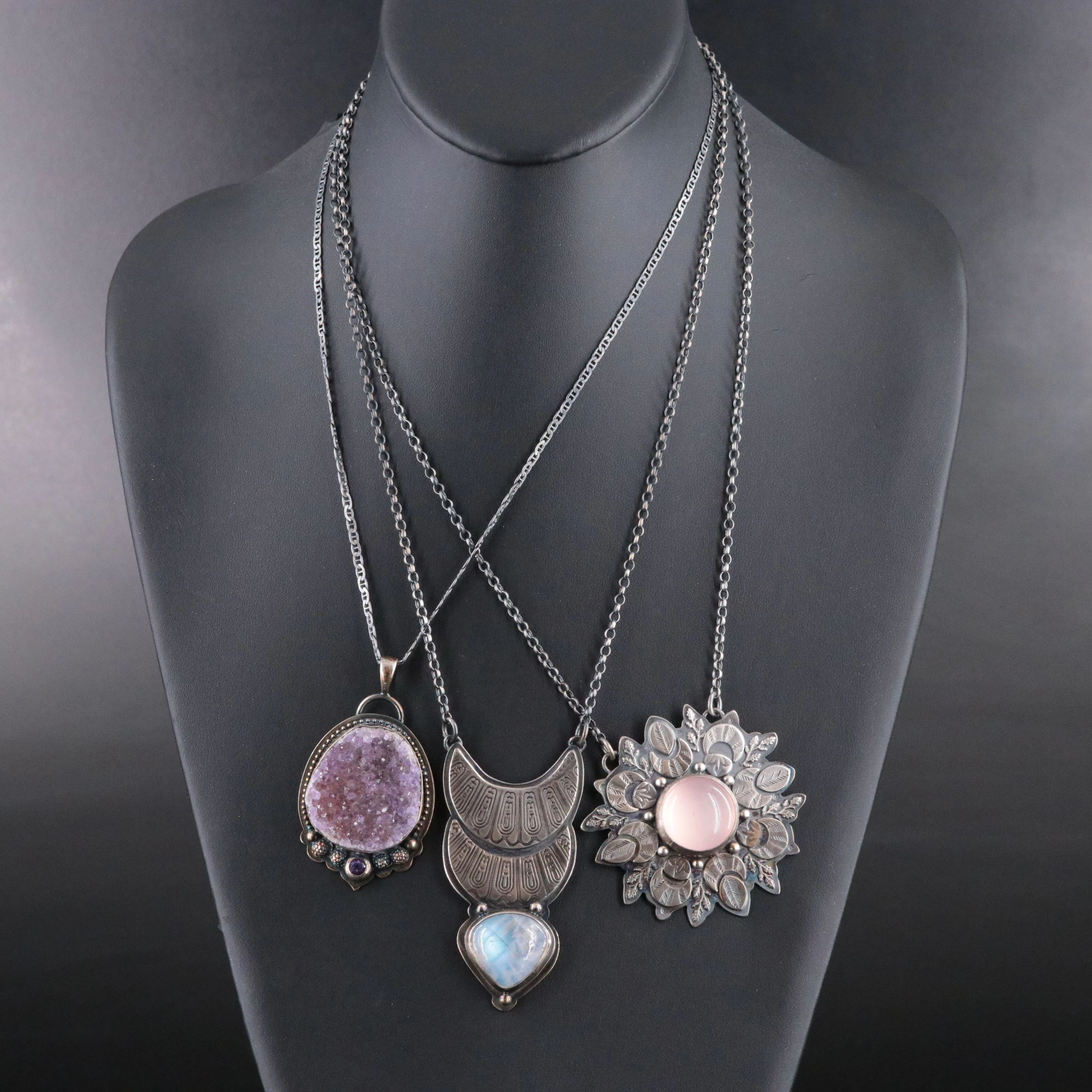 EON Designs Sterling Rose Quartz, Amethyst and Rainbow Moonstone Necklaces