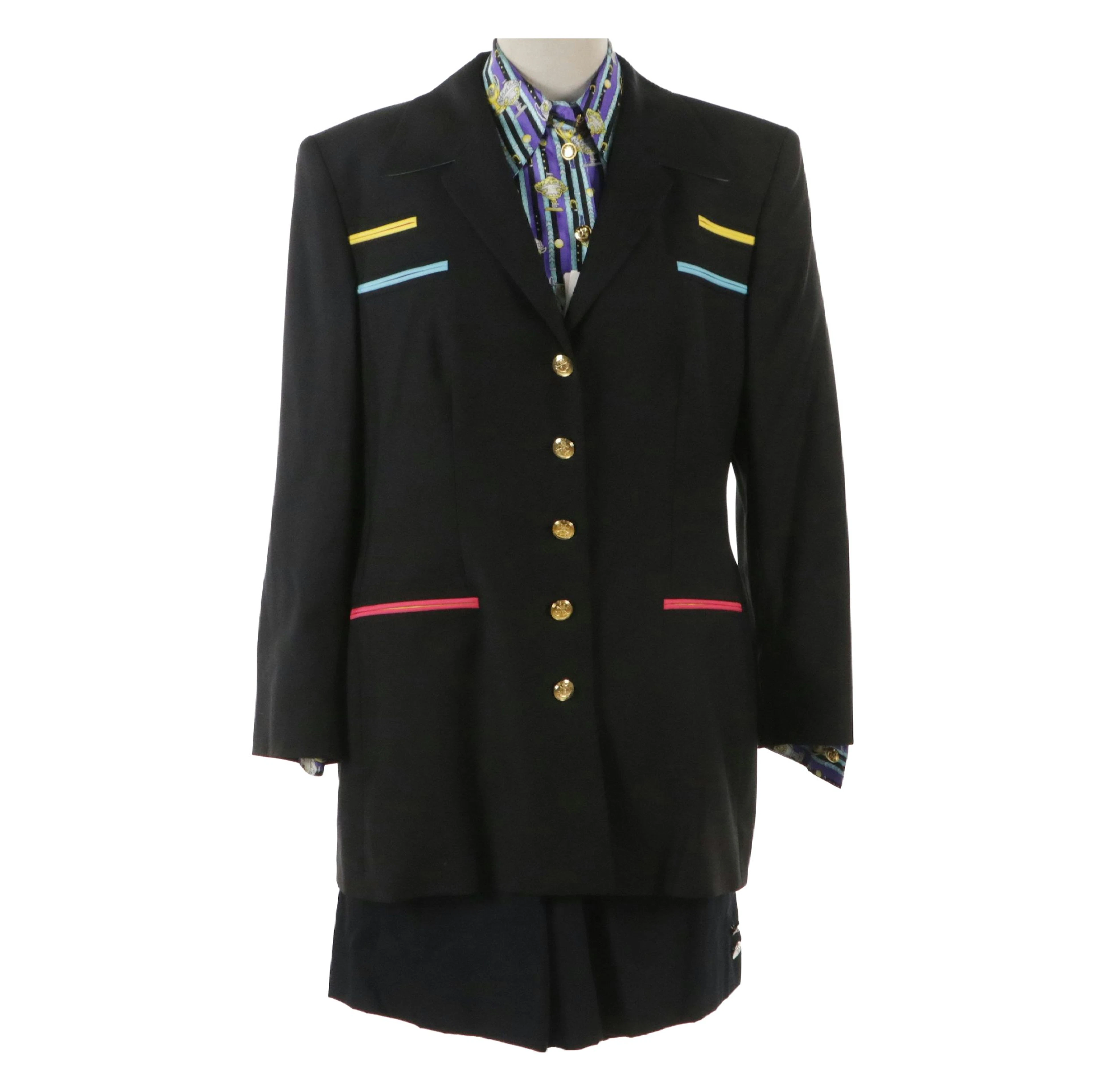 Escada Silk Printed Long Sleeve Button-Down Top, Bermuda Shorts & Wool Jacket