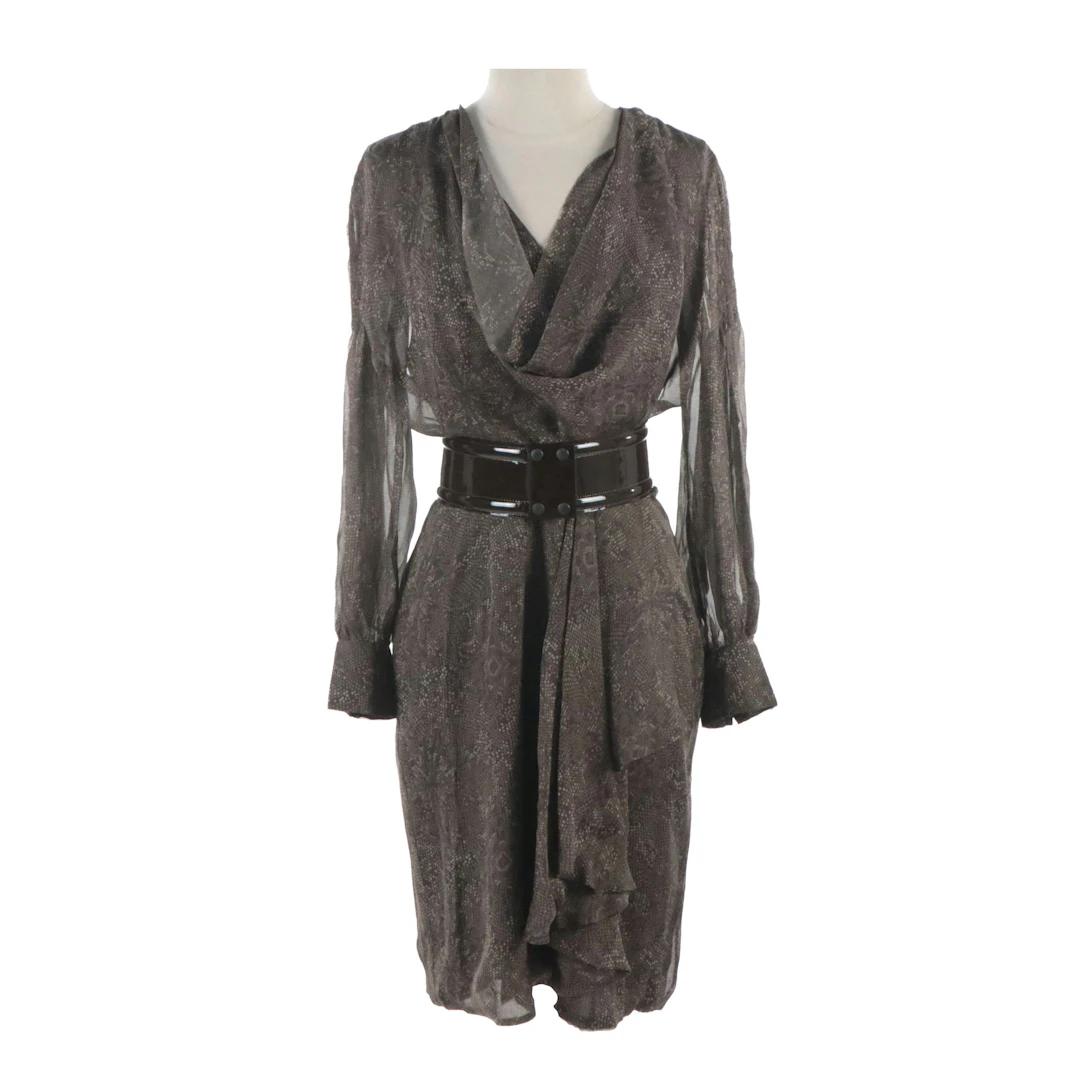 Les Copains Silk Long Sleeve Draped Dress & Patent Leather Wide Waist Belt