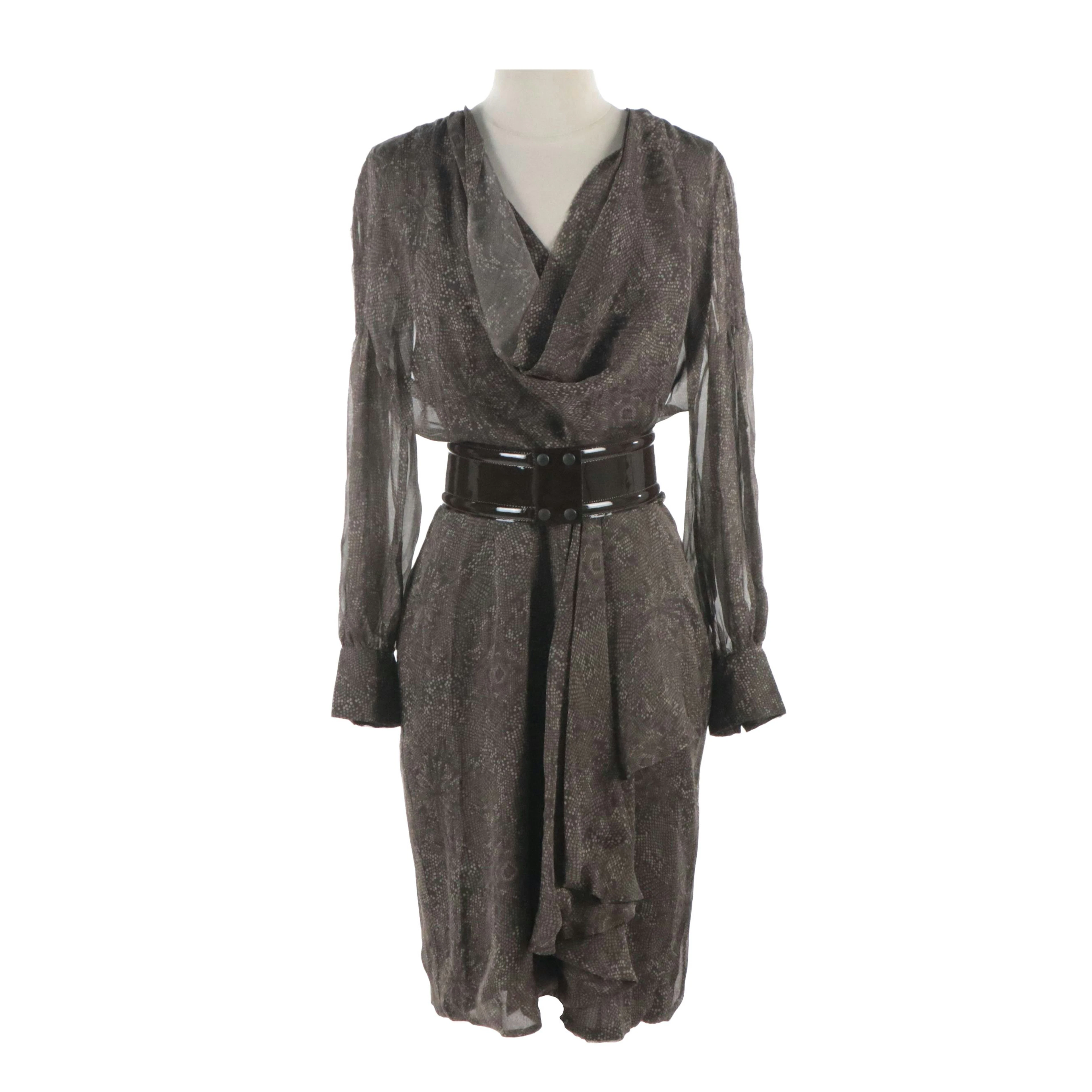 Les Copains Silk Long Sleeve Draped Dress & Patent Leather Wide Waist Belt