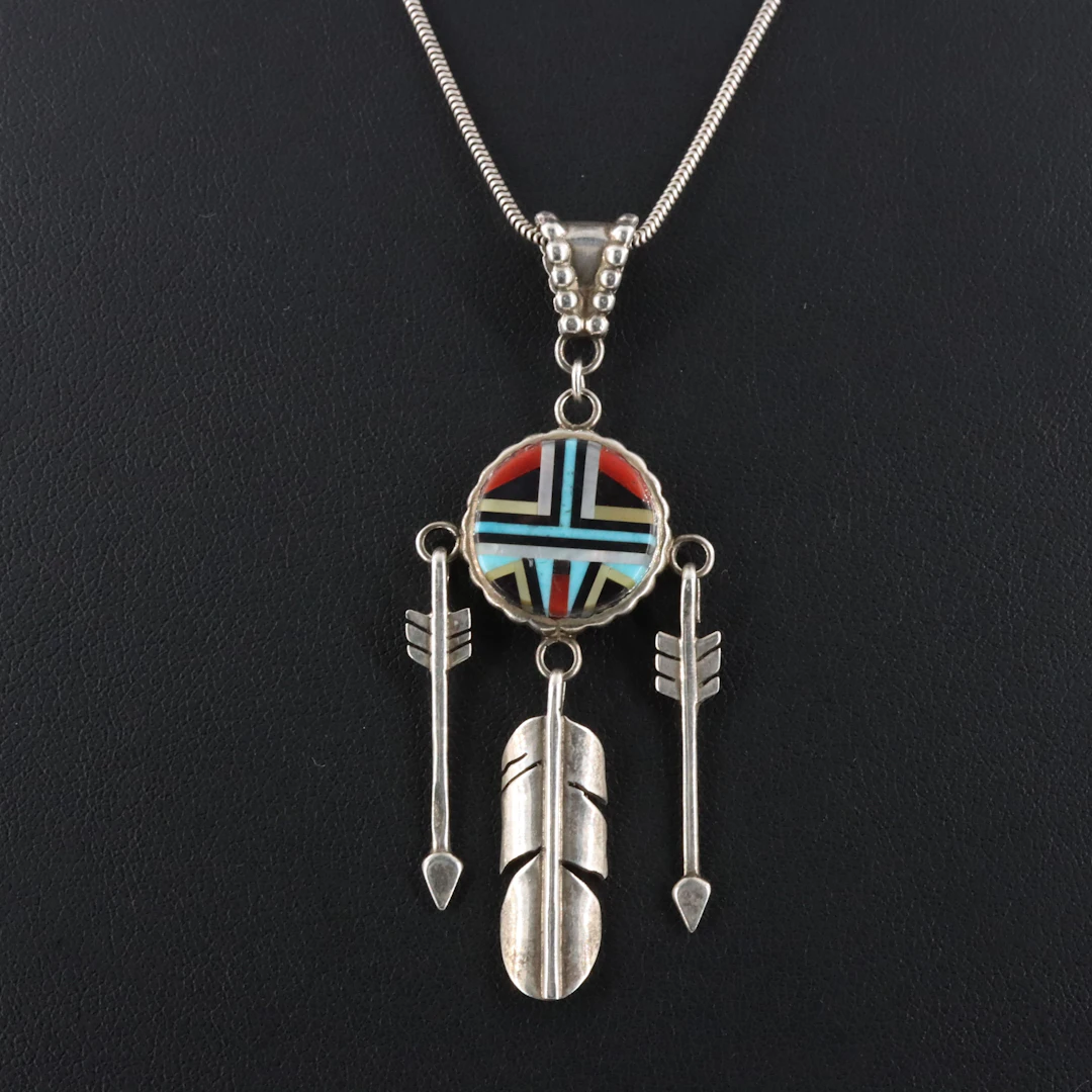 Signed Southwestern Sterling Inlay Pendant Necklace