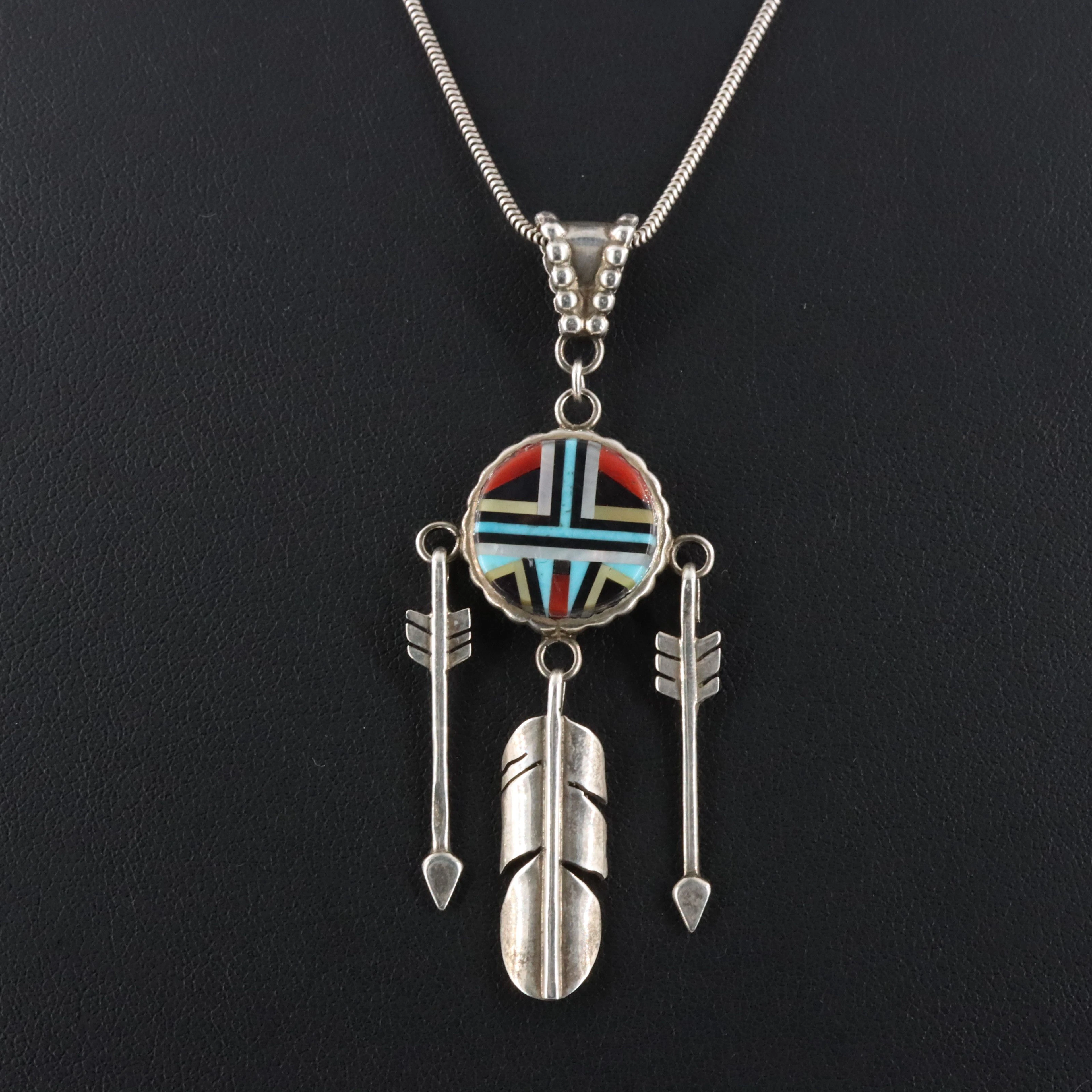 Signed Southwestern Sterling Inlay Pendant Necklace