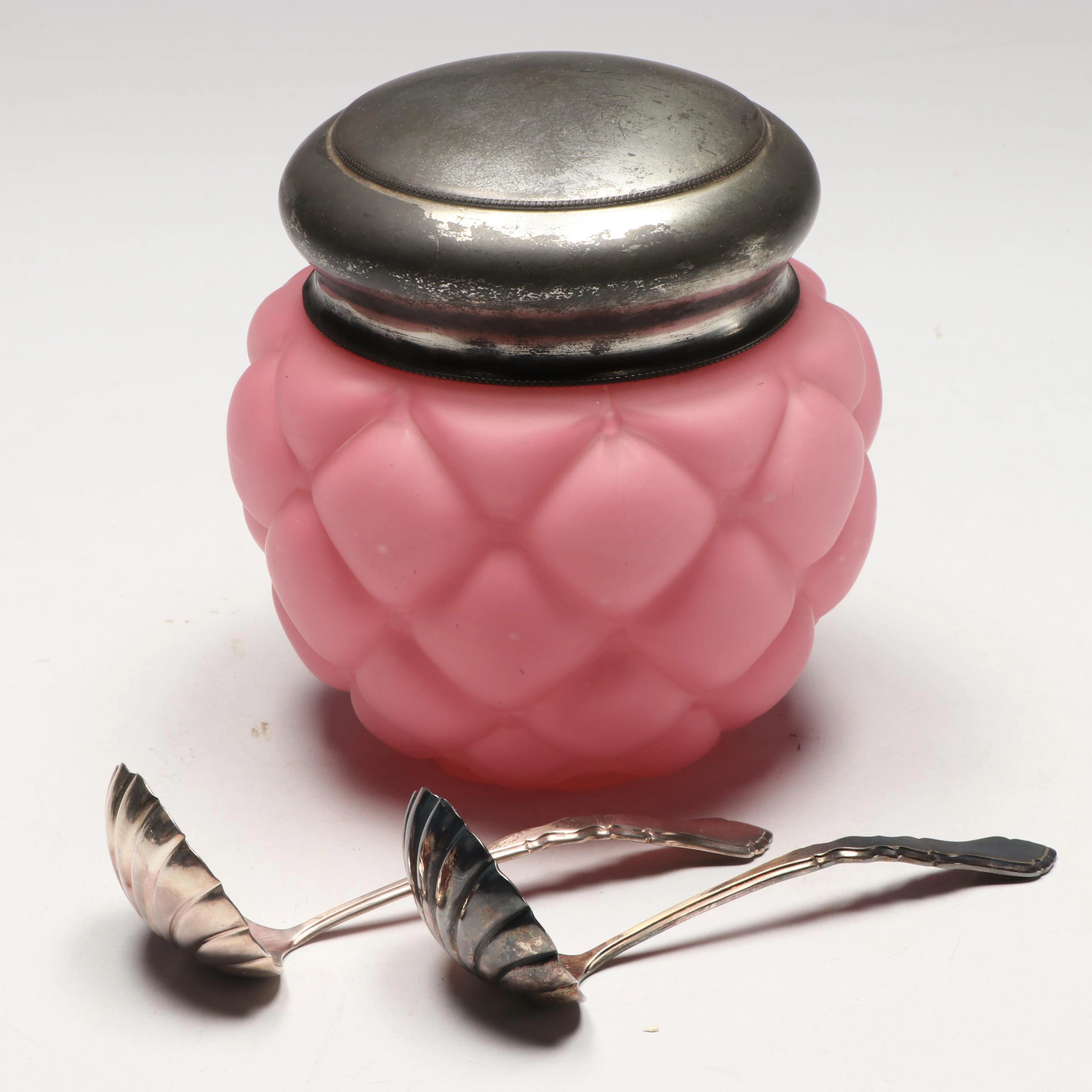 Consolidated Pink Quilted Satin Glass Biscuit Jar & Silver Plated