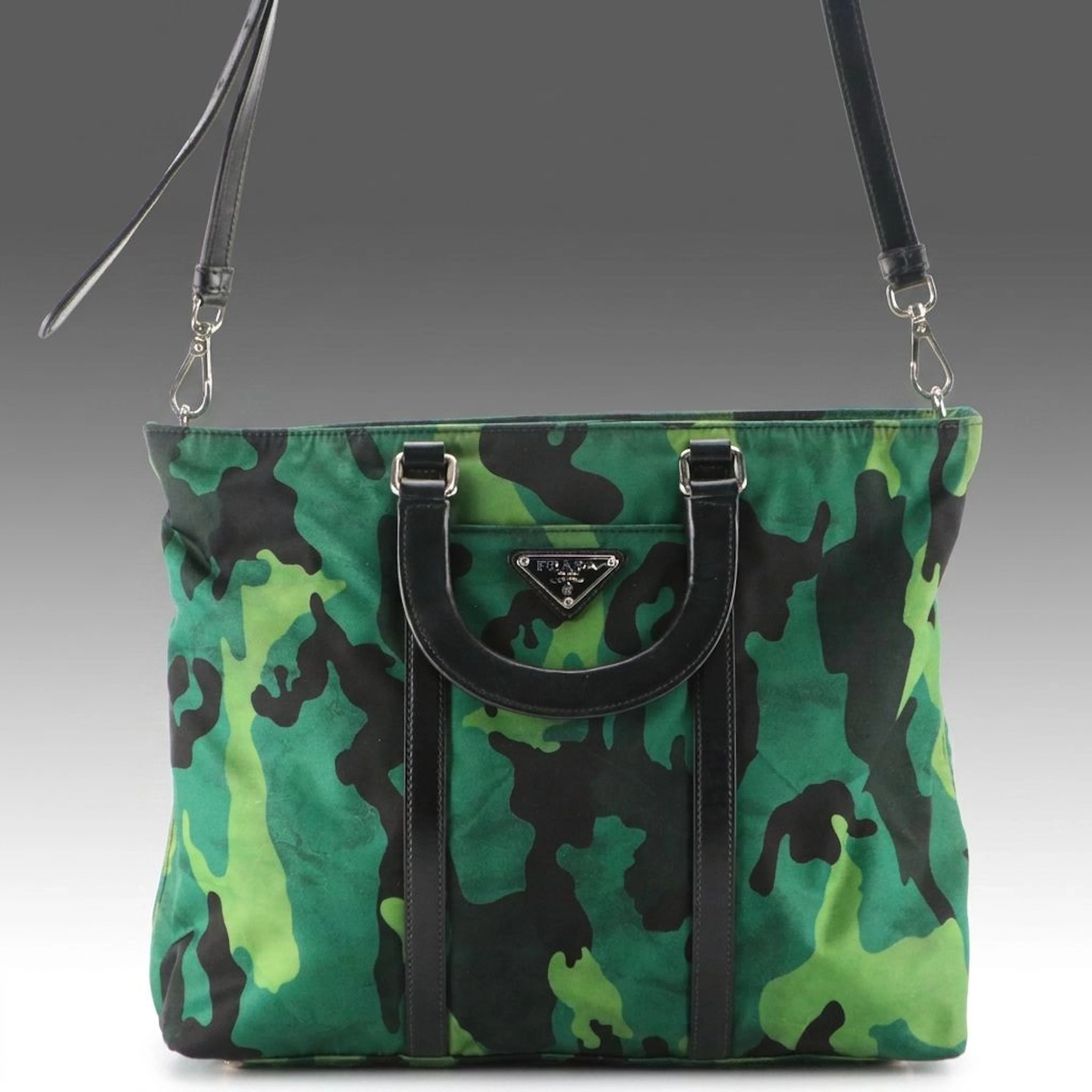 Prada Top Handle Two-Way Bag in Green Camouflage Tessuto Nylon and