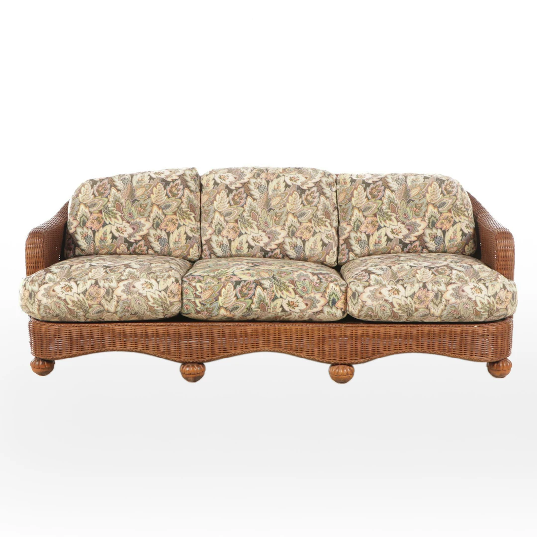 Natural Finish Wicker Sofa with Paisley Pattern Cushions