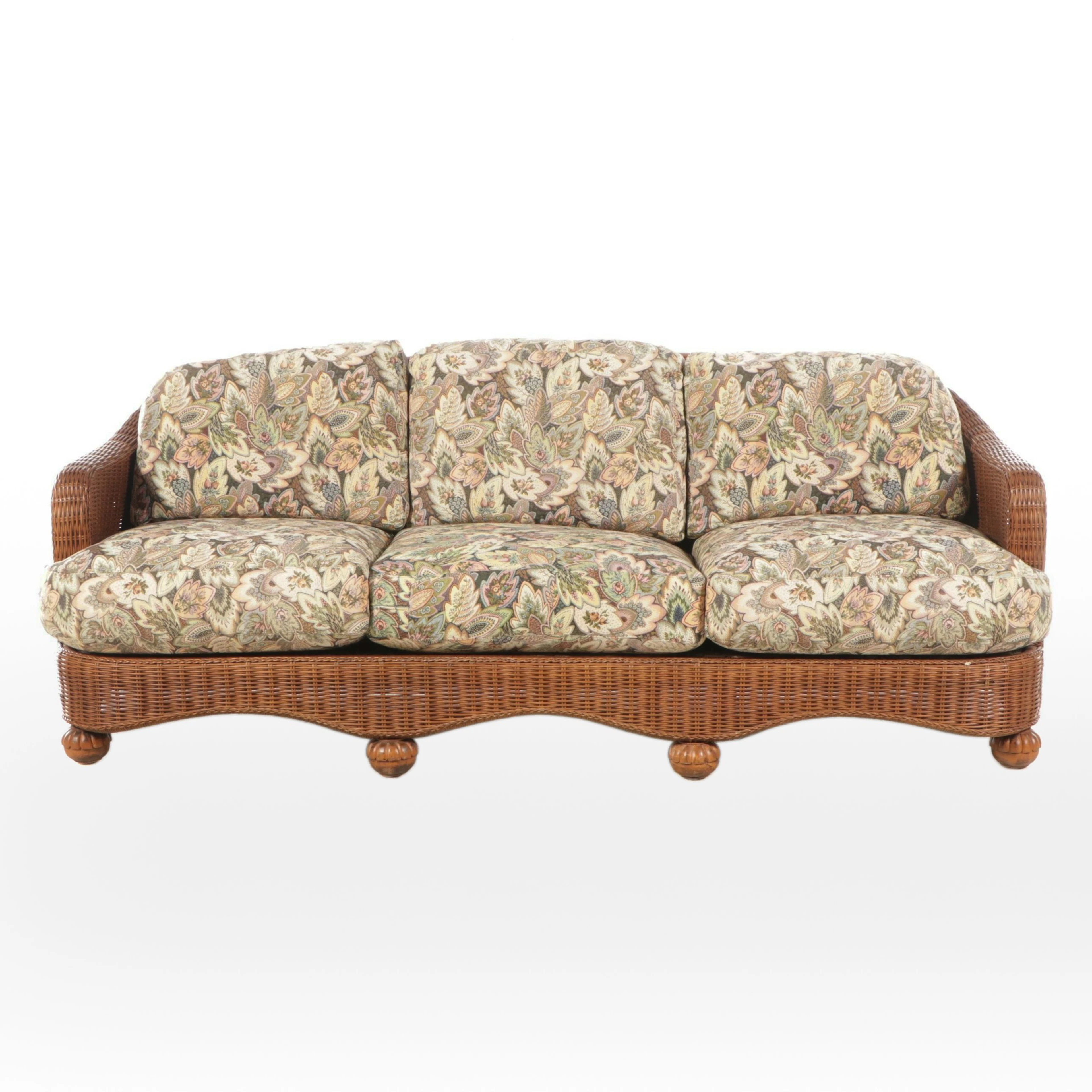Natural Finish Wicker Sofa with Paisley Pattern Cushions