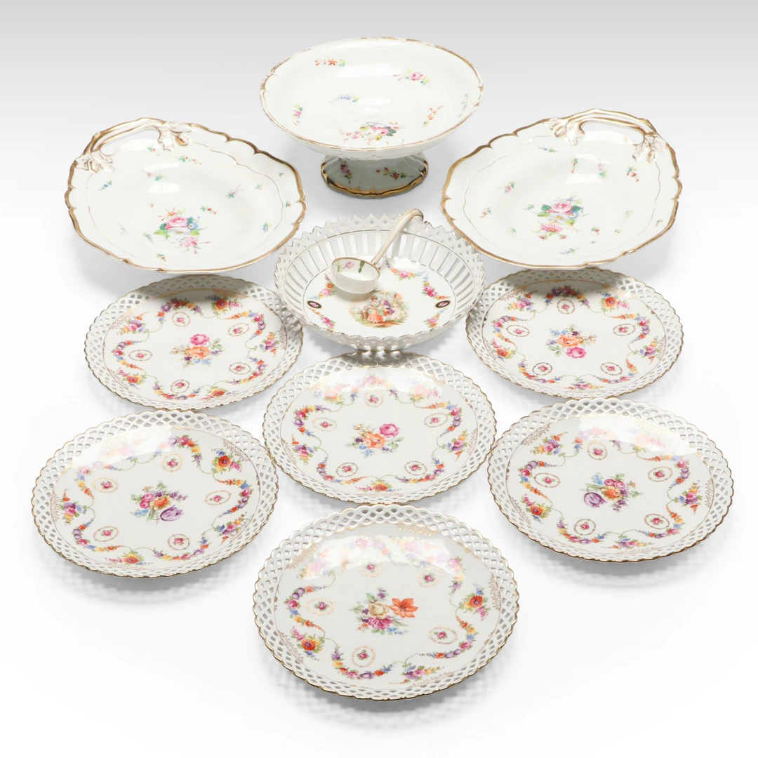 Schumann Reticulated Porcelain Plates with Old Pairs and Other Serving Pieces