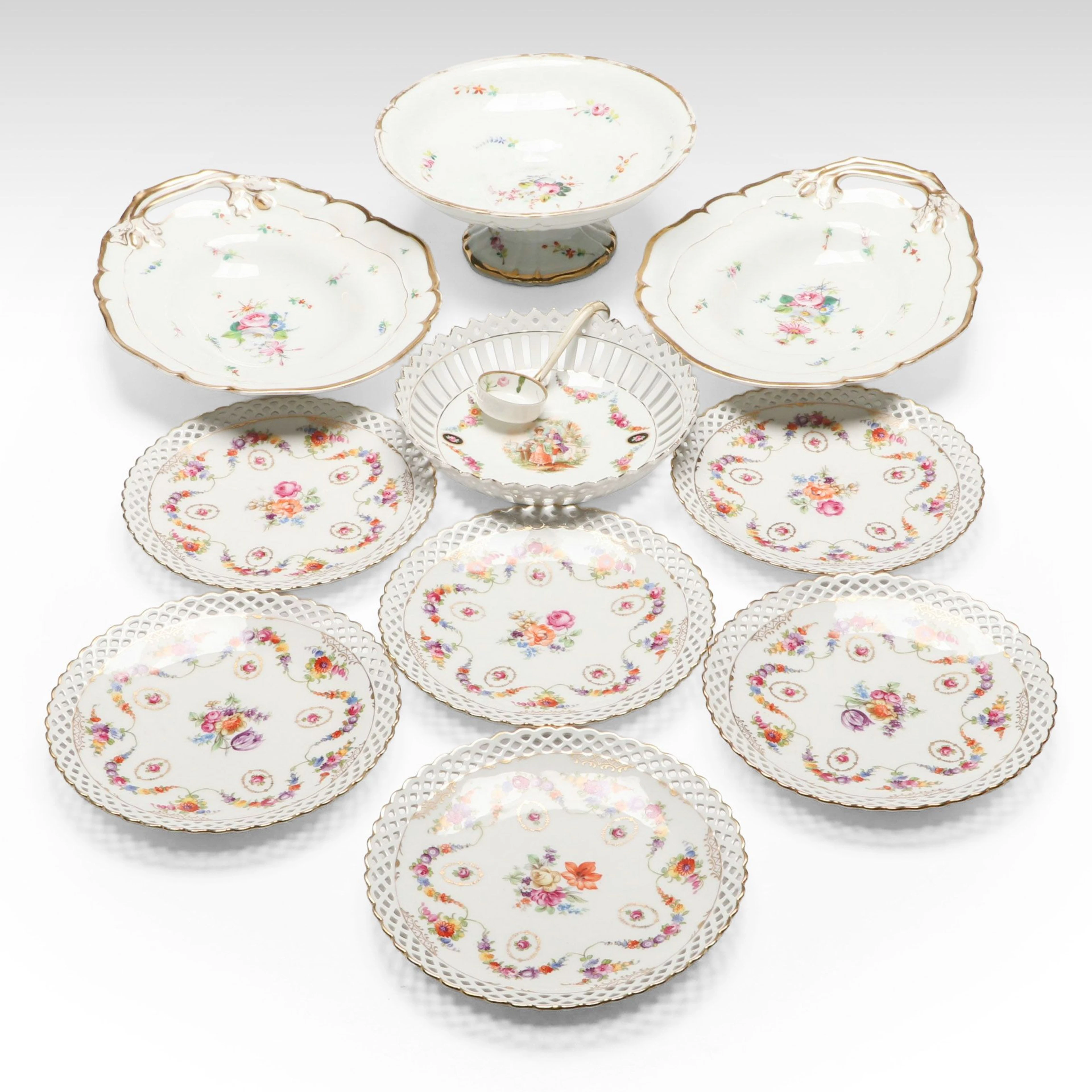 Schumann Reticulated Porcelain Plates with Old Pairs and Other Serving Pieces