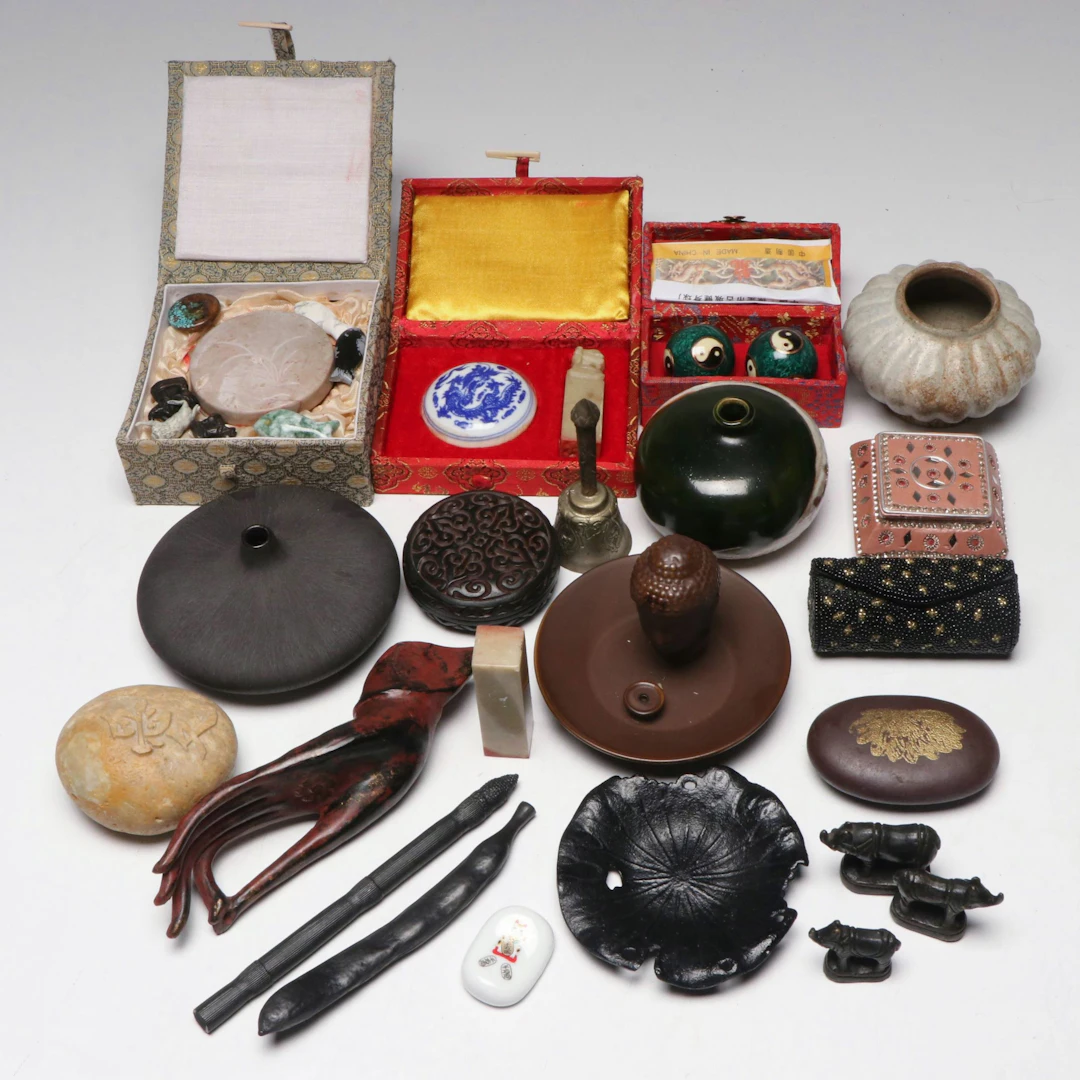 Chinese Black and Red Lacquer Box, Stone Seals, Porcelain Paste Pots, More