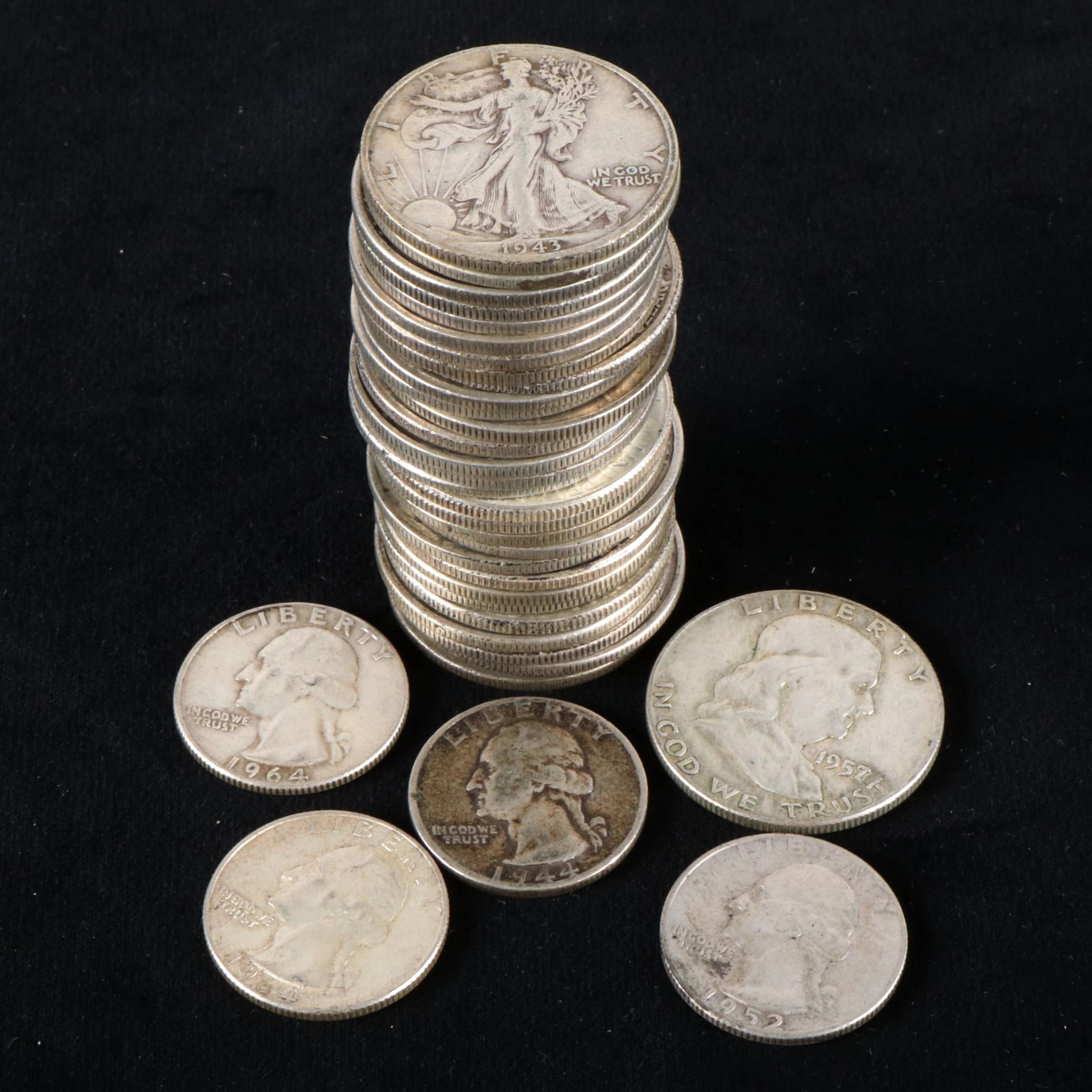 Thirty U.S. Silver Half Dollars, Mainly Walking Liberty, & Five Silver Quarters